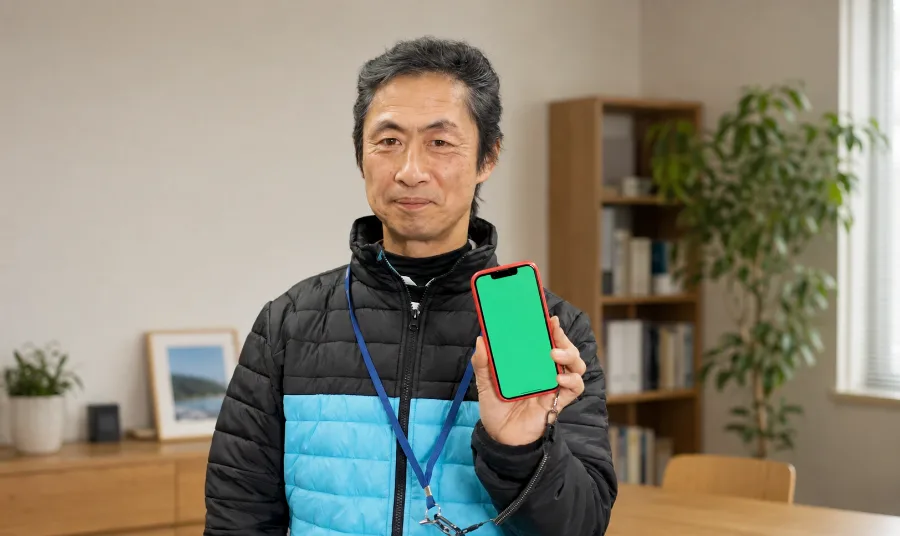 スマートフォンを手に持つ50代のフードデリバリー配達員