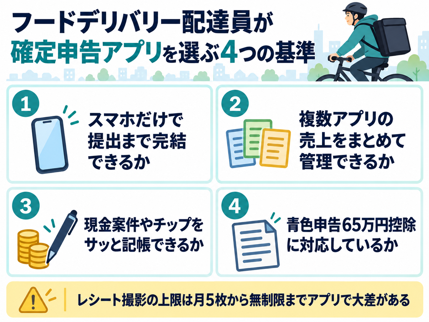 フードデリバリー配達員が確定申告アプリを選ぶ4つの基準(スマホ完結・複数アプリの売上のまとめ管理・現金案件やチップの記帳のしやすさ・青色申告65万円控除対応)を示した図解