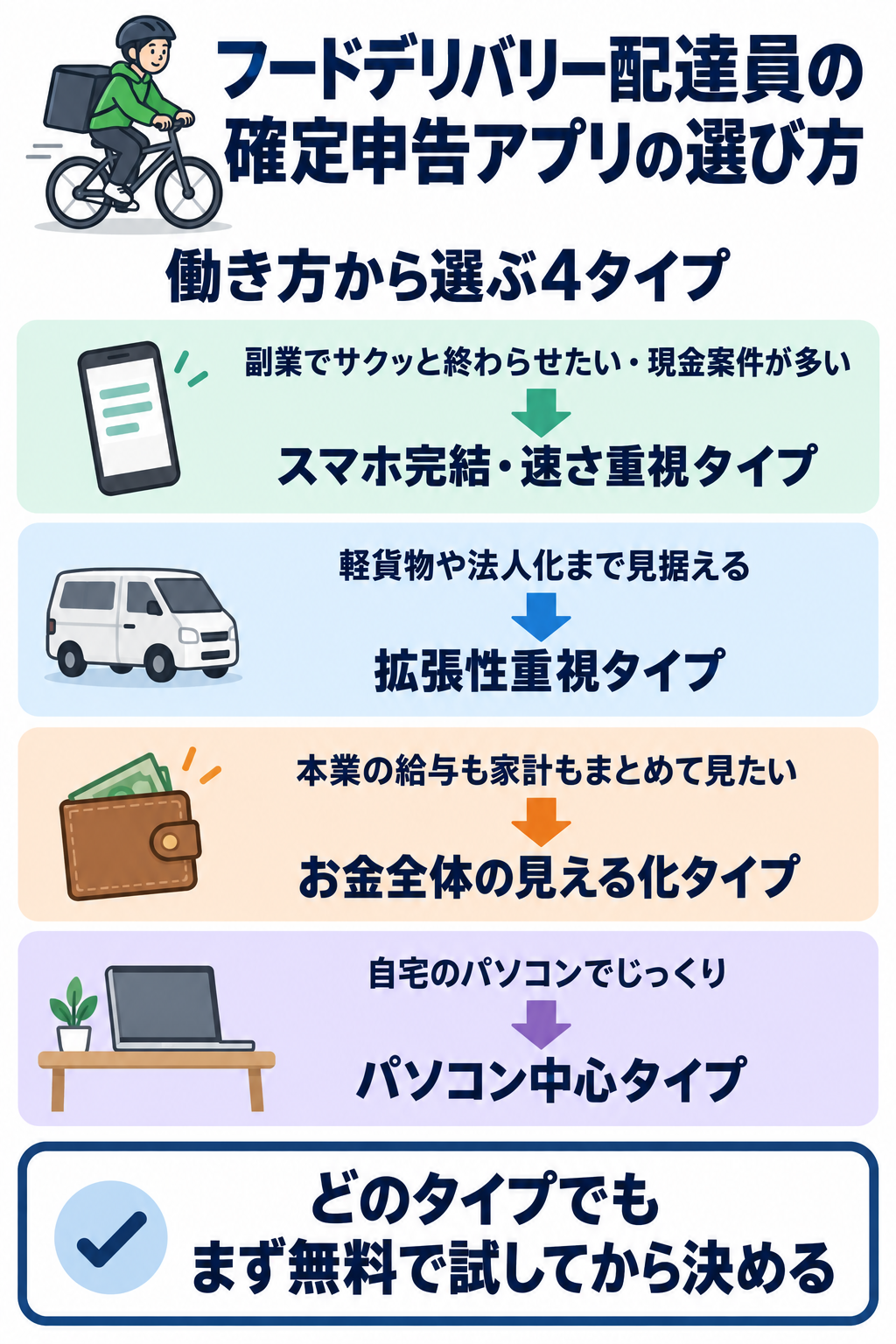 フードデリバリー配達員向け確定申告アプリのタイプ別の選び方。スマホ完結・速さ重視、拡張性重視、お金全体の見える化、パソコン中心の4タイプを示した図解
