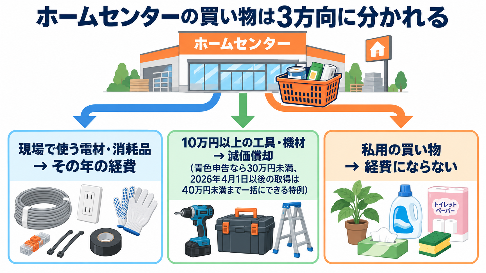 ホームセンターの買い物は3方向に分かれる。現場で使う電材・消耗品はその年の経費、10万円以上の工具・機材は減価償却（青色申告なら30万円未満、2026年4月1日以後の取得は40万円未満まで一括にできる特例）、私用の買い物は経費にならないことを示した図解