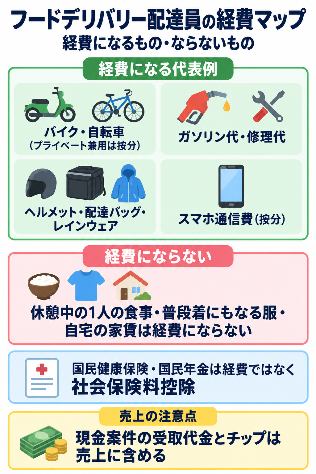 フードデリバリー配達員の経費マップ。バイクや自転車の按分・ガソリン代・配達バッグは経費になり、現金案件の受取代金とチップは売上に含め、休憩中の食事や自宅の家賃は経費にならず、国保・国民年金は社会保険料控除になることを示した図解
