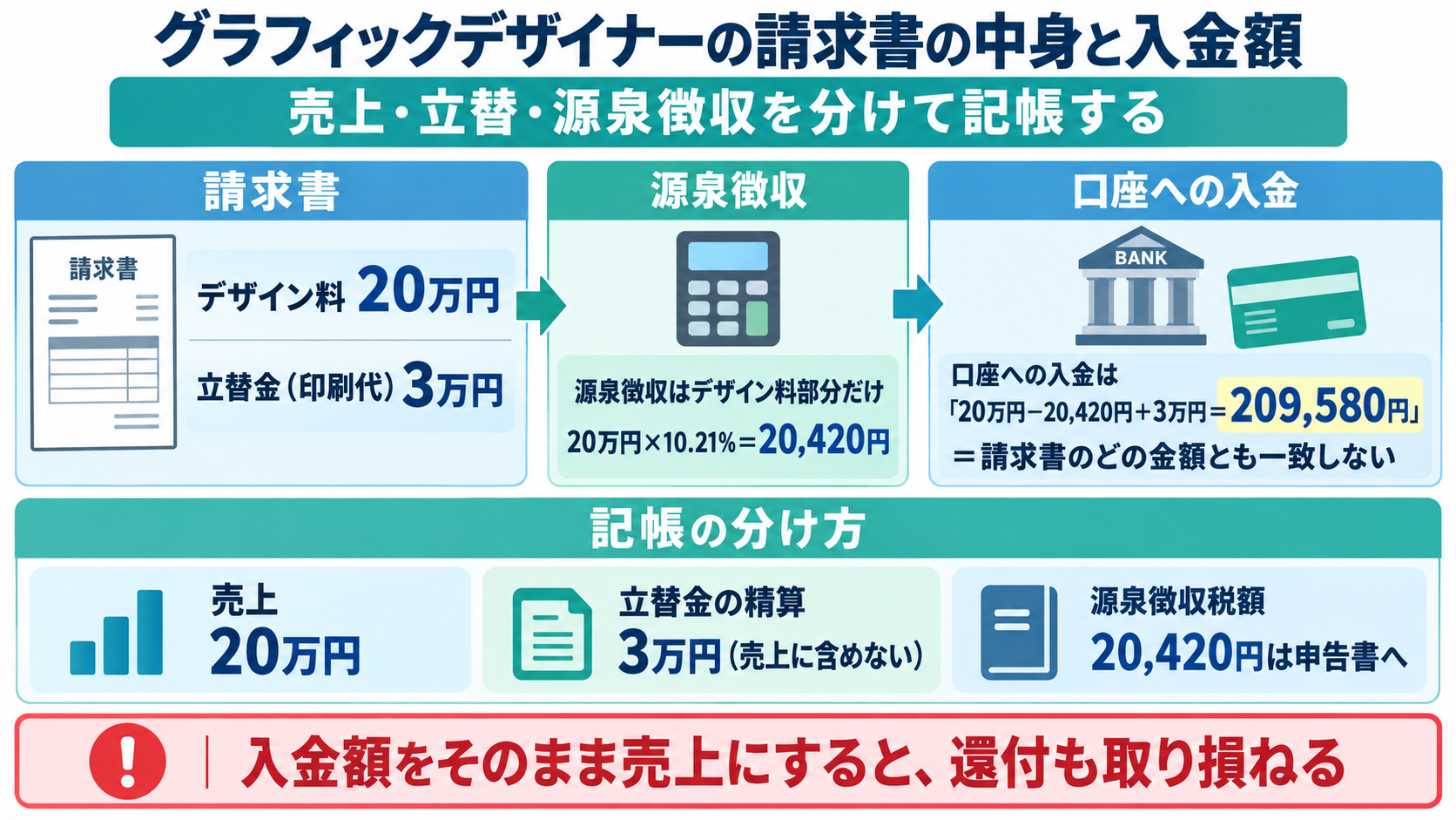 グラフィックデザイナーの請求書の中身と入金額。請求書はデザイン料20万円+立替金(印刷代)3万円で、源泉徴収はデザイン料部分だけ20万円×10.21%=20,420円。口座への入金は20万円−20,420円+3万円=209,580円となり請求書のどの金額とも一致しない。記帳は売上20万円・立替金の精算3万円(売上に含めない)・源泉徴収税額20,420円は申告書へと分け、入金額をそのまま売上にすると還付も取り損ねることを示した図解