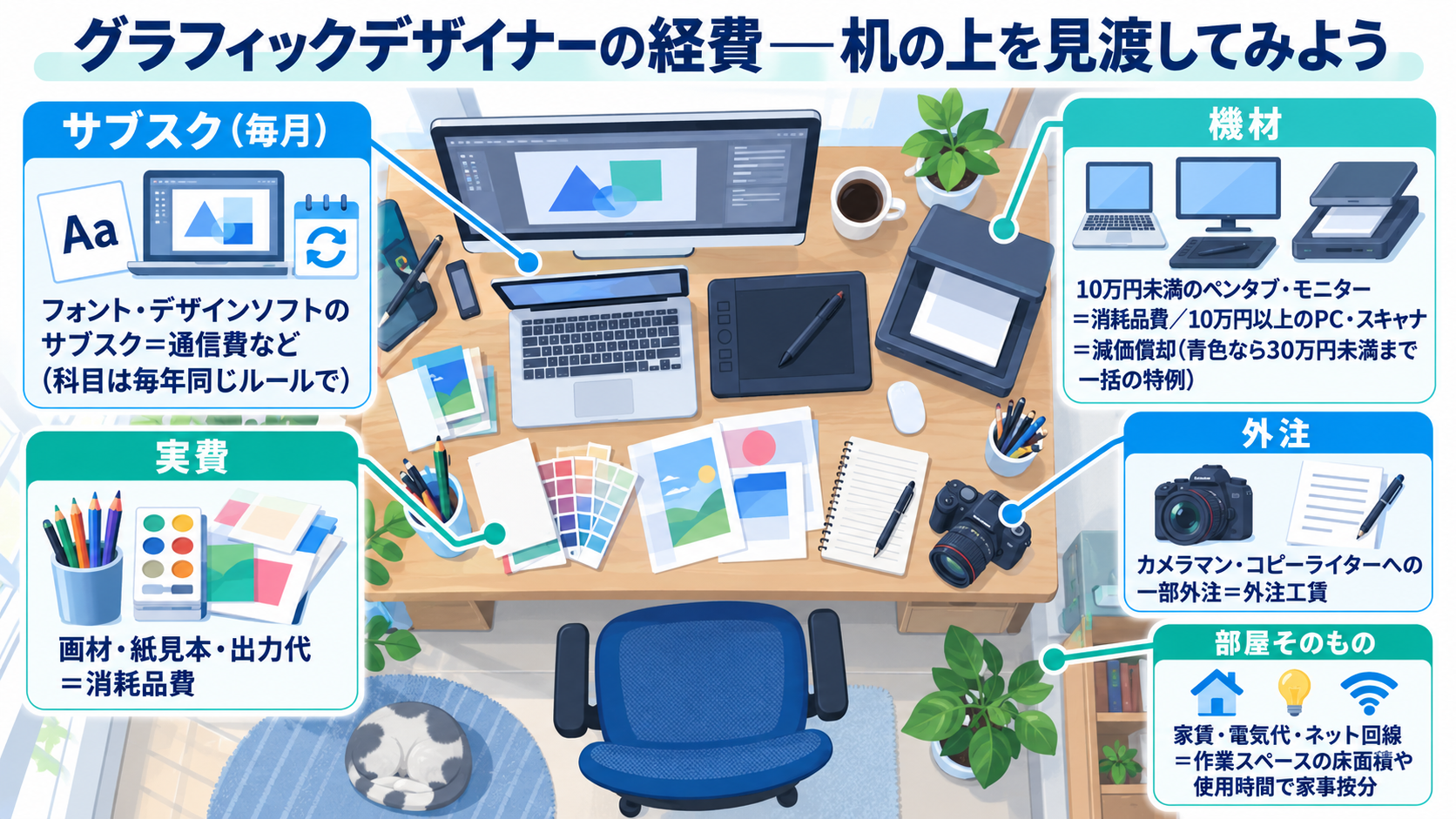 グラフィックデザイナーの経費を机の上の俯瞰イラストで示した図解。サブスク(毎月)=フォント・デザインソフトのサブスクは通信費など(科目は毎年同じルールで)、実費=画材・紙見本・出力代は消耗品費、機材=10万円未満のペンタブ・モニターは消耗品費で10万円以上のPC・スキャナは減価償却(青色なら30万円未満まで一括の特例)、外注=カメラマン・コピーライターへの一部外注は外注工賃、部屋そのもの=家賃・電気代・ネット回線は作業スペースの床面積や使用時間で家事按分とラベル付けした図解