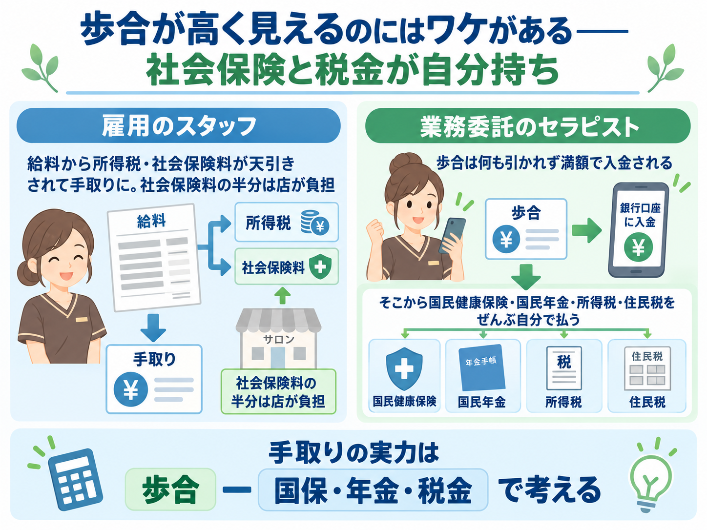 歩合が高く見えるのにはワケがある。雇用のスタッフは給料から所得税・社会保険料が天引きされて手取りになり社会保険料の半分は店が負担する一方、業務委託のセラピストは歩合が何も引かれず満額で入金され、そこから国民健康保険・国民年金・所得税・住民税をぜんぶ自分で払うため、手取りの実力は歩合から国保・年金・税金を引いて考えることを示した図解
