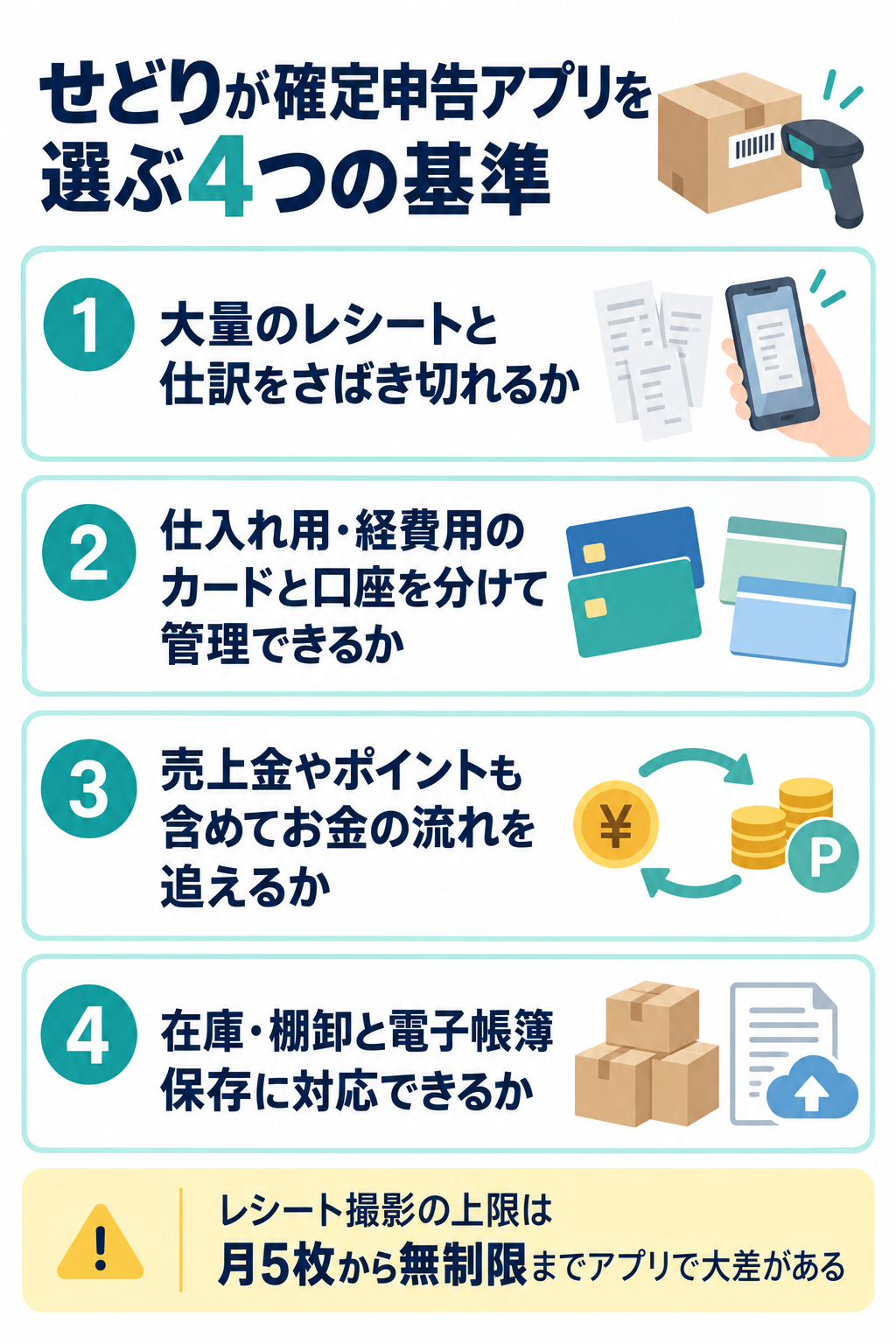 せどりが確定申告アプリを選ぶ4つの基準(大量のレシートと仕訳の処理・仕入れ用と経費用のカード分離・売上金やポイントの把握・在庫・棚卸と電子帳簿保存対応)を示した図解
