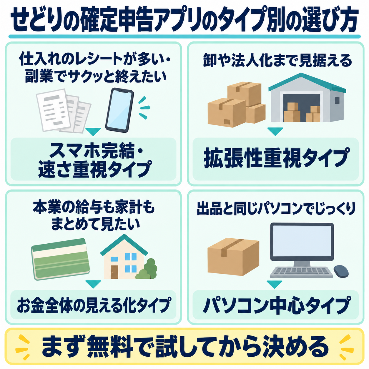 せどり向け確定申告アプリのタイプ別の選び方。スマホ完結・速さ重視、拡張性重視、お金全体の見える化、パソコン中心の4タイプを示した図解