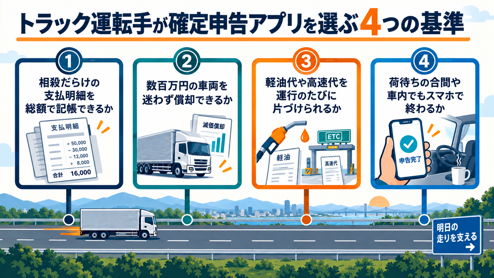 トラック運転手が確定申告アプリを選ぶ4つの基準(相殺だらけの支払明細を総額で記帳できるか・数百万円の車両を迷わず償却できるか・軽油代や高速代を運行のたびに片づけられるか・荷待ちの合間や車内でもスマホで終わるか)を示した図解