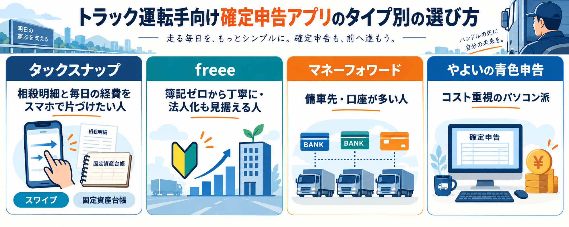 トラック運転手向け確定申告アプリのタイプ別の選び方。相殺明細と毎日の経費をスマホで片づけたい人はタックスナップ、簿記ゼロから丁寧に進めたい人や法人化も見据える人はfreee、傭車先や口座が多い人はマネーフォワード、コスト重視のパソコン派はやよいの青色申告を示した図解