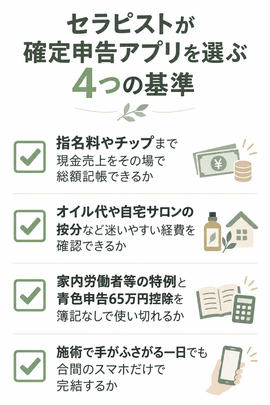 セラピストが確定申告アプリを選ぶ4つの基準。指名料やチップまで現金売上をその場で総額記帳できるか、オイル代や自宅サロンの按分など迷いやすい経費を確認できるか、家内労働者等の特例と青色申告65万円控除を簿記なしで使い切れるか、施術で手がふさがる一日でも合間のスマホだけで完結するかを示したチェックリストの図解
