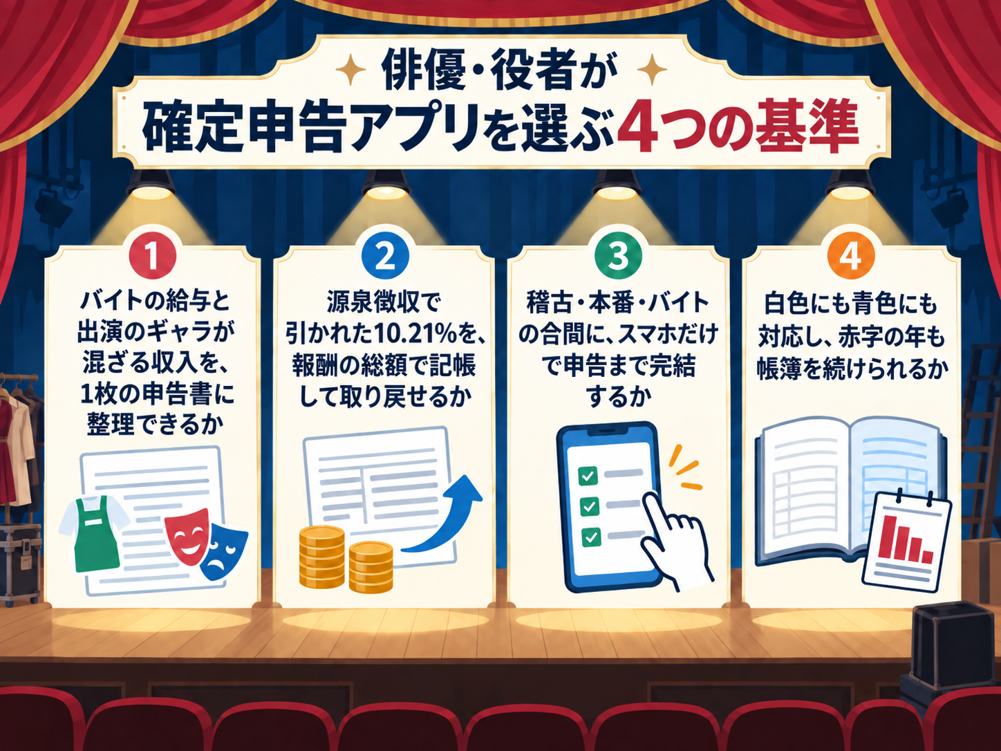 俳優・役者が確定申告アプリを選ぶ4つの基準を舞台の幕とスポットライトの構図で示した図解。①バイトの給与と出演のギャラが混ざる収入を、1枚の申告書に整理できるか、②源泉徴収で引かれた10.21%を、報酬の総額で記帳して取り戻せるか、③稽古・本番・バイトの合間に、スマホだけで申告まで完結するか、④白色にも青色にも対応し、赤字の年も帳簿を続けられるか