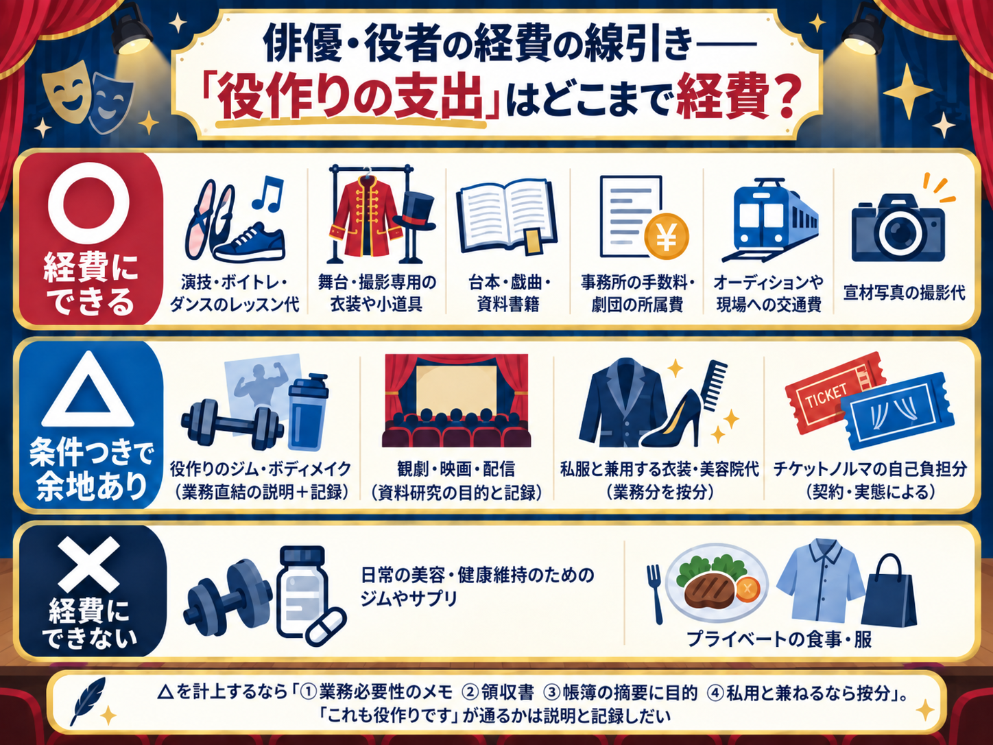 俳優・役者の経費の線引き——「役作りの支出」はどこまで経費?を○・△・×の3段で示した図解。○経費にできる=演技・ボイトレ・ダンスのレッスン代、舞台・撮影専用の衣装や小道具、台本・戯曲・資料書籍、事務所の手数料・劇団の所属費、オーディションや現場への交通費、宣材写真の撮影代。△条件つきで余地あり=役作りのジム・ボディメイク(業務直結の説明+記録)、観劇・映画・配信(資料研究の目的と記録)、私服と兼用する衣装・美容院代(業務分を按分)、チケットノルマの自己負担分(契約・実態による)。×経費にできない=日常の美容・健康維持のためのジムやサプリ、プライベートの食事・服。下部に△を計上する場合の作法4点(業務必要性のメモ・領収書・帳簿の摘要に目的・私用と兼ねるなら按分)