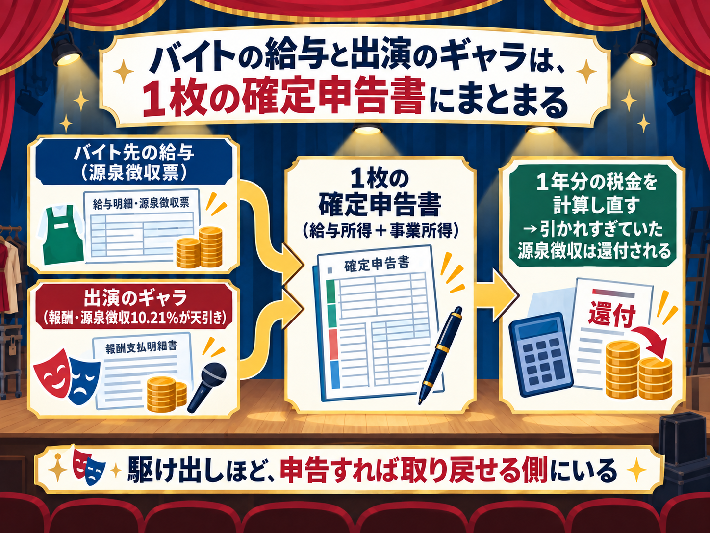 バイトの給与と出演のギャラが1枚の確定申告書にまとまる流れの図解。左にバイト先の給与(源泉徴収票)と出演のギャラ(報酬・源泉徴収10.21%が天引き)の2つの入口があり、中央で1枚の確定申告書(給与所得+事業所得)に合流し、右で1年分の税金を計算し直して引かれすぎていた源泉徴収は還付される。締めの一言は「駆け出しほど、申告すれば取り戻せる側にいる」