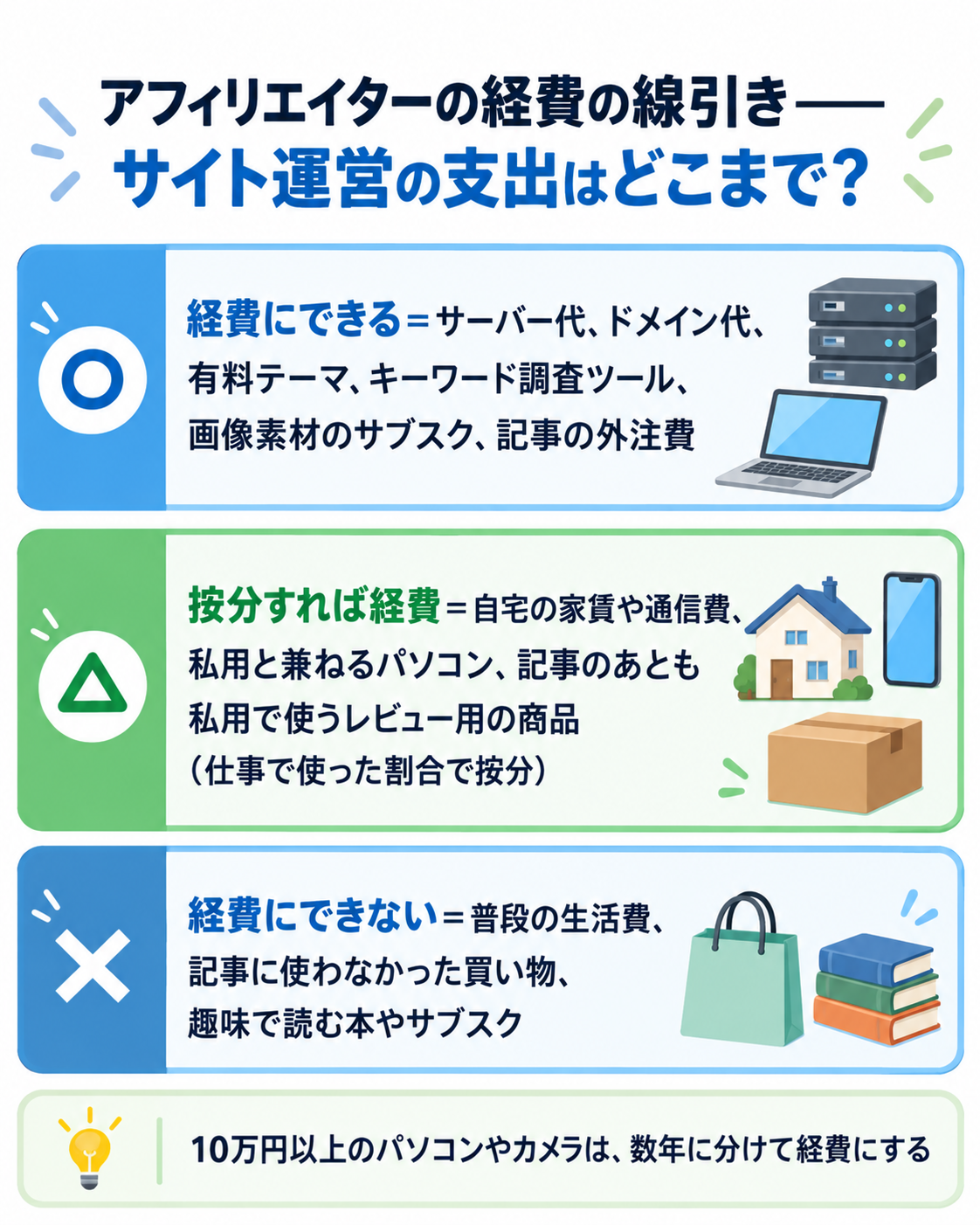 アフィリエイターの経費の線引きを3段で示した図解。経費にできる=サーバー代、ドメイン代、有料テーマ、キーワード調査ツール、画像素材のサブスク、記事の外注費。按分すれば経費=自宅の家賃や通信費、私用と兼ねるパソコン、記事のあとも私用で使うレビュー用の商品(仕事で使った割合で按分)。経費にできない=普段の生活費、記事に使わなかった買い物、趣味で読む本やサブスク。10万円以上のパソコンやカメラは、数年に分けて経費にする