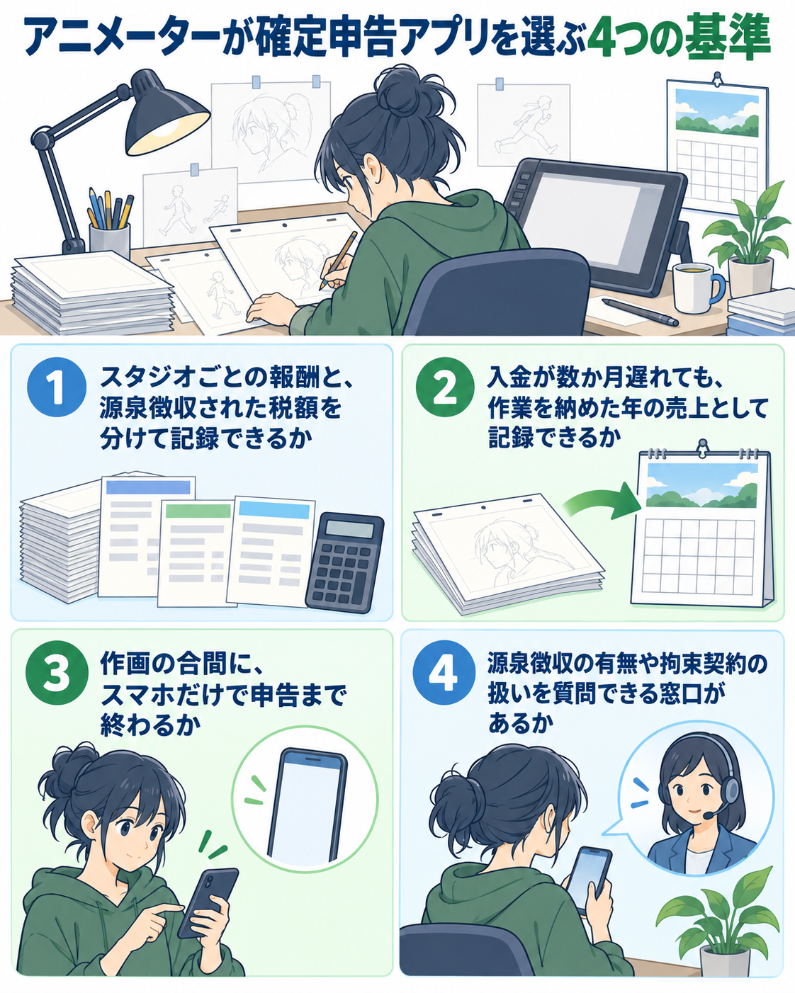 アニメーターが確定申告アプリを選ぶ4つの基準を示した図解。①スタジオごとの報酬と、源泉徴収された税額を分けて記録できるか、②入金が数か月遅れても、作業を納めた年の売上として記録できるか、③作画の合間に、スマホだけで申告まで終わるか、④源泉徴収の有無や拘束契約の扱いを質問できる窓口があるか
