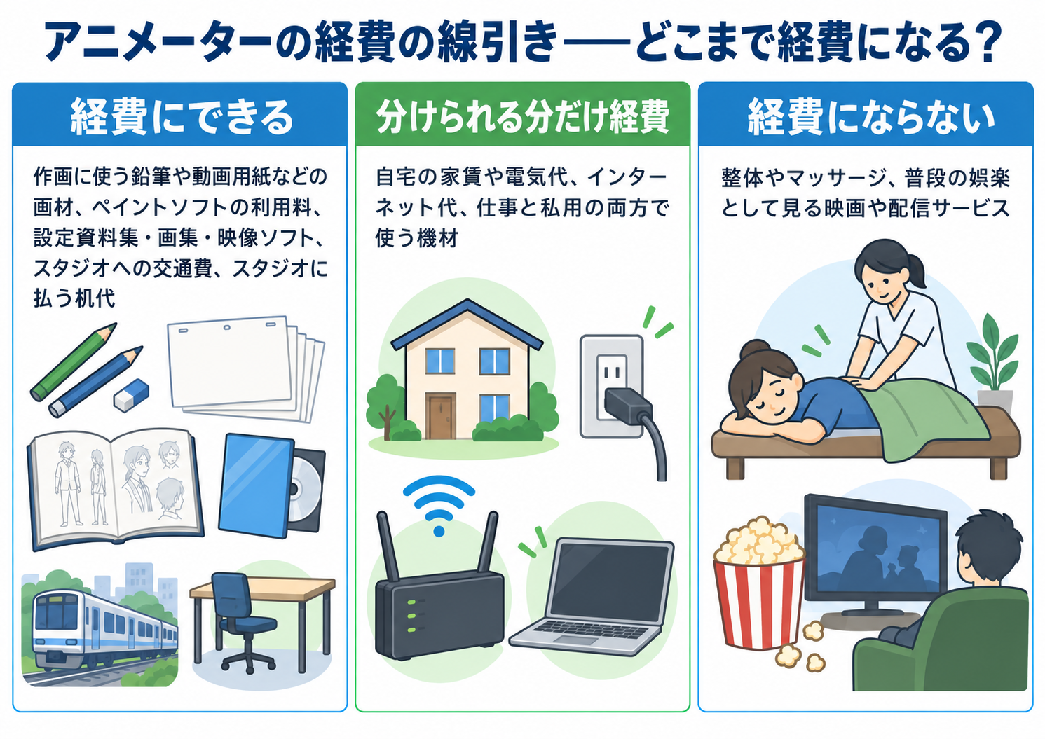 アニメーターの経費の線引き：どこまで経費になる？を示した図解。経費にできる＝作画に使う鉛筆や動画用紙などの画材、ペイントソフトの利用料、設定資料集・画集・映像ソフト、スタジオへの交通費、スタジオに払う机代、分けられる分だけ経費＝自宅の家賃や電気代、インターネット代、仕事と私用の両方で使う機材、経費にならない＝整体やマッサージ、普段の娯楽として見る映画や配信サービス