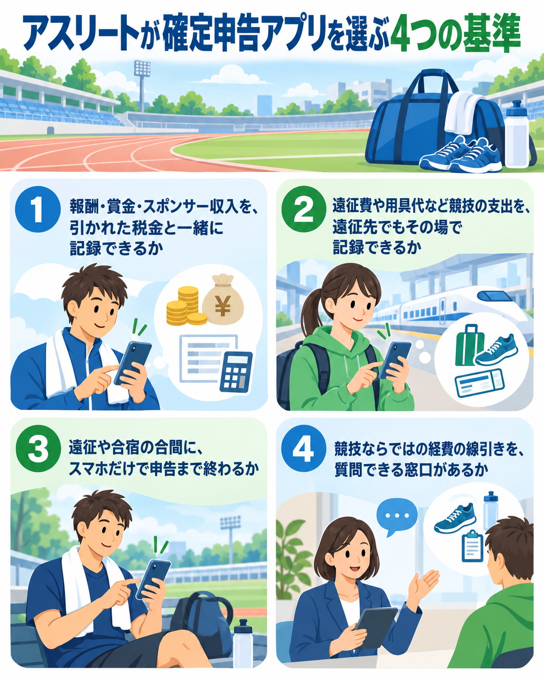 アスリートが確定申告アプリを選ぶ4つの基準を示した図解。①報酬・賞金・スポンサー収入を、引かれた税金と一緒に記録できるか、②遠征費や用具代など競技の支出を、遠征先でもその場で記録できるか、③遠征や合宿の合間に、スマホだけで申告まで終わるか、④競技ならではの経費の線引きを、質問できる窓口があるか