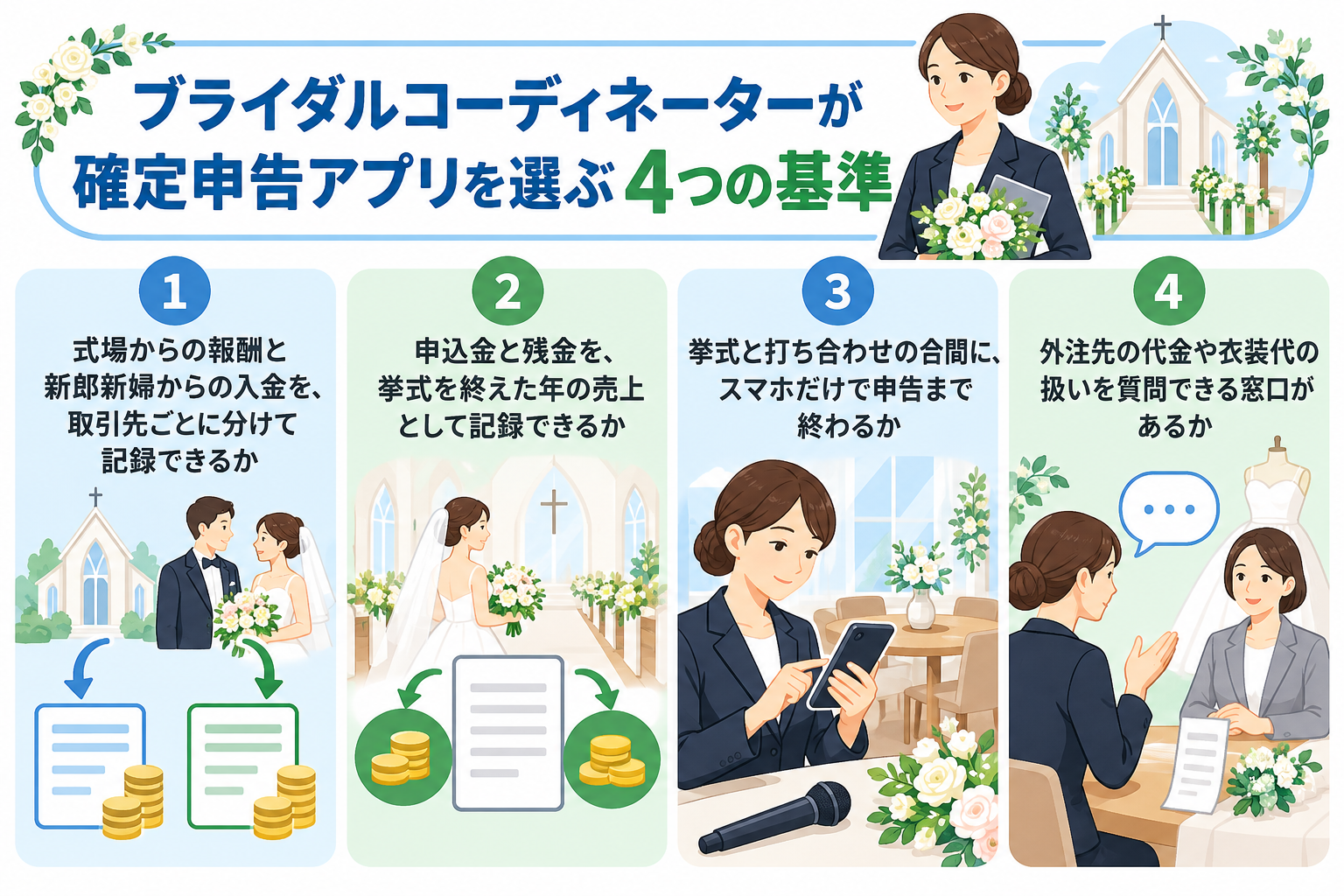 ブライダルコーディネーターが確定申告アプリを選ぶ4つの基準を示した図解