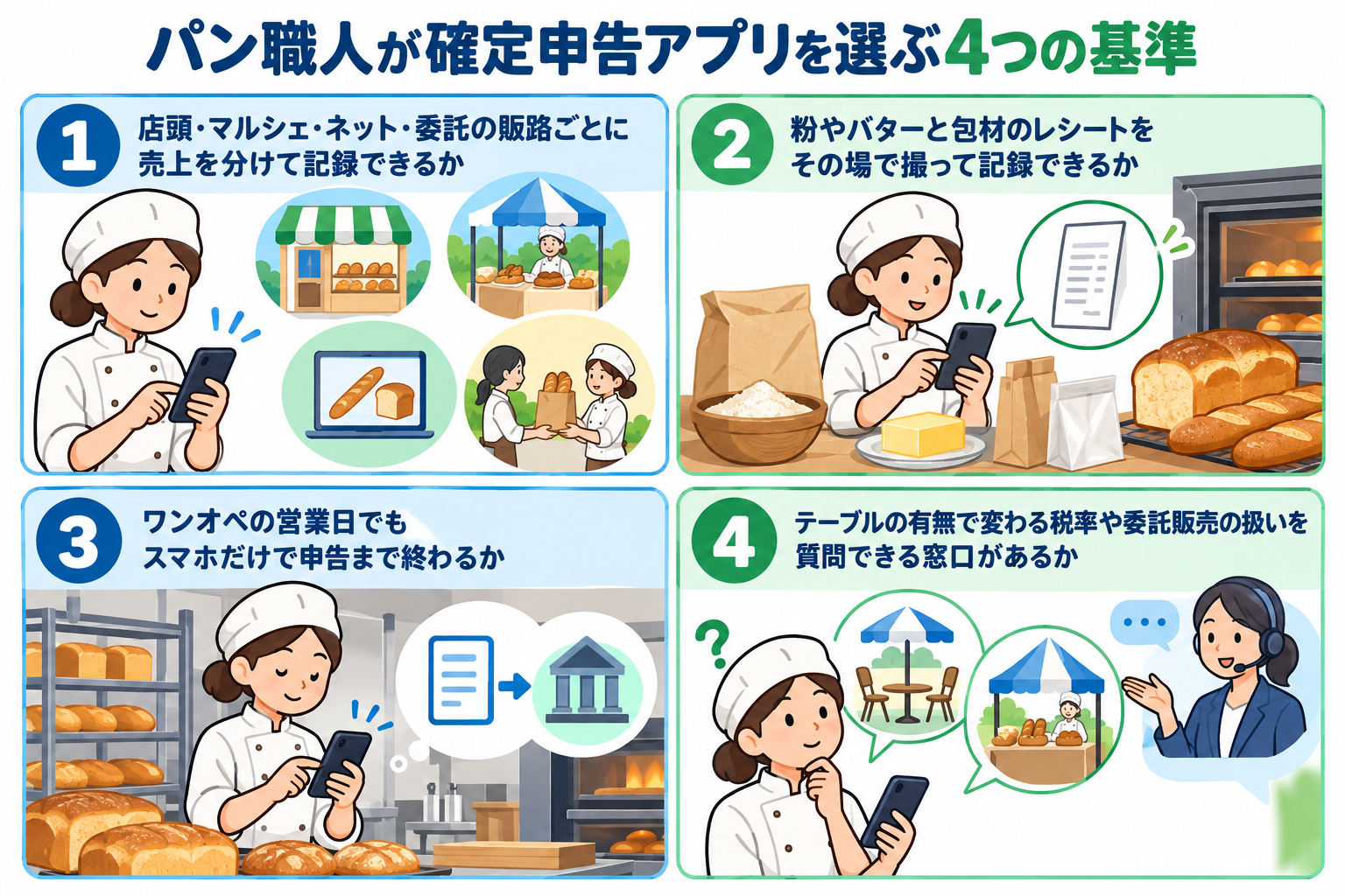 パン職人が確定申告アプリを選ぶ4つの基準を示した図解