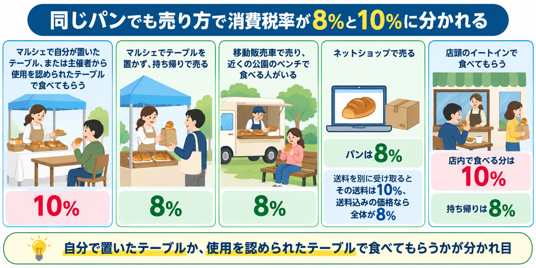 売り方ごとのパンの消費税率8%と10%の違いを示した図解