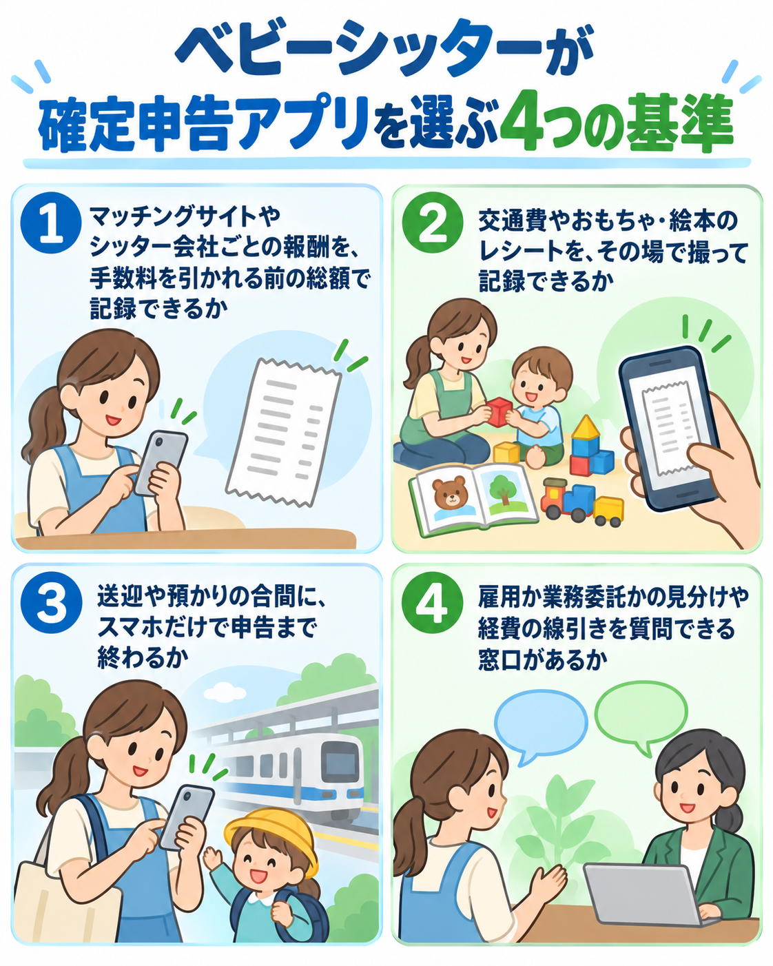 ベビーシッターが確定申告アプリを選ぶ4つの基準を示した図解