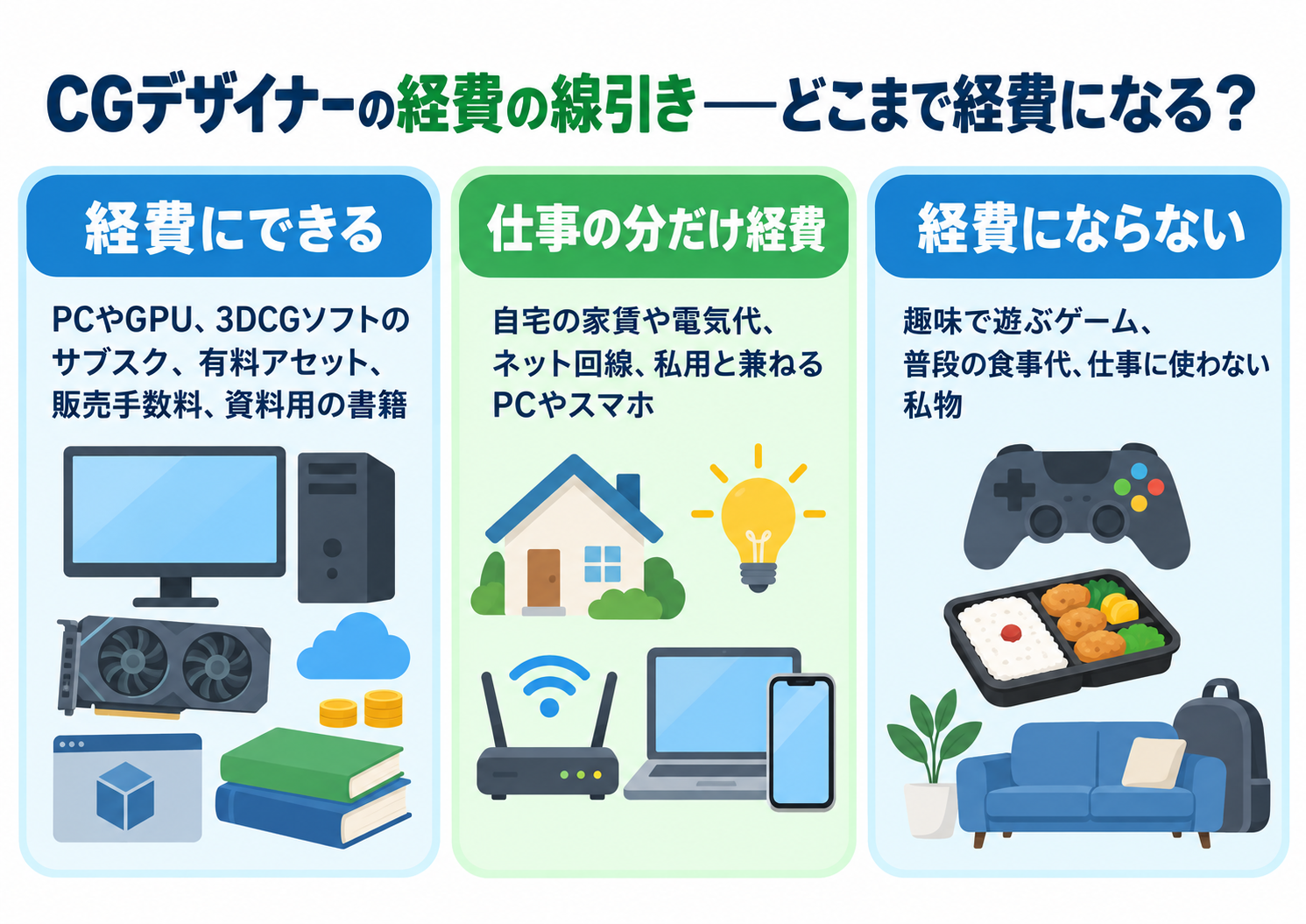 CGデザイナーの経費の線引きを示した図解。経費にできる＝PCやGPU、3DCGソフトのサブスク、有料アセット、販売手数料、資料用の書籍。仕事の分だけ経費＝自宅の家賃や電気代、ネット回線、私用と兼ねるPCやスマホ。経費にならない＝趣味で遊ぶゲーム、普段の食事代、仕事に使わない私物