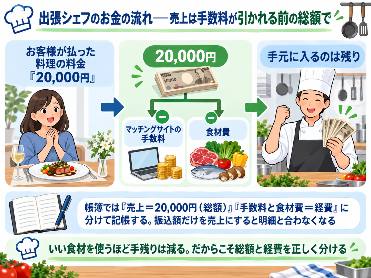 出張シェフのお金の流れ——売上は手数料が引かれる前の総額で、を示すフロー型の図解。お客様が払った料理の料金20,000円から、マッチングサイトの手数料と食材費が引かれて手元に入るのは残り。帳簿では「売上＝20,000円（総額）」「手数料と食材費＝経費」に分けて記帳し、振込額だけを売上にすると明細と合わなくなる。いい食材を使うほど手残りは減るからこそ、総額と経費を正しく分ける