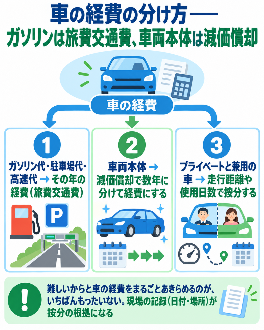 車の経費の分け方——ガソリンは旅費交通費、車両本体は減価償却であることを3分割で示した図解。①ガソリン代・駐車場代・高速代はその年の経費(旅費交通費)、②車両本体は減価償却で数年に分けて経費にする、③プライベートと兼用の車は走行距離や使用日数で按分する。難しいからと車の経費をまるごとあきらめるのが、いちばんもったいない。現場の記録(日付・場所)が按分の根拠になる