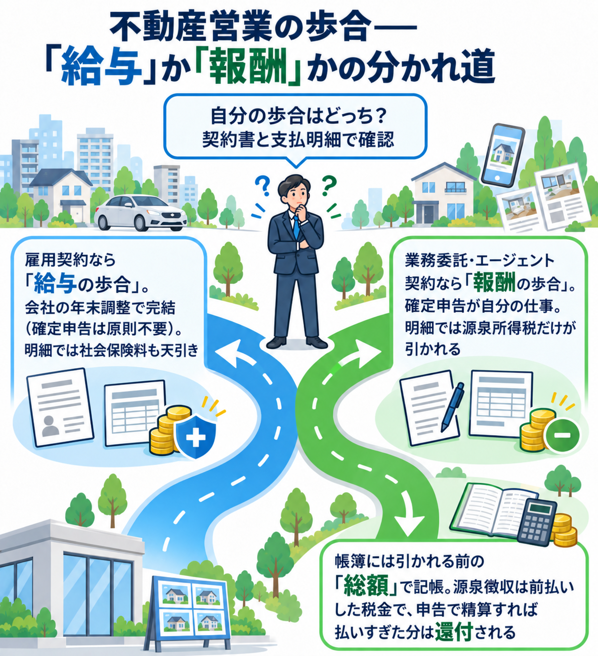 不動産営業の歩合——「給与」か「報酬」かの分かれ道を示した図解。自分の歩合はどっち?契約書と支払明細で確認。雇用契約なら「給与の歩合」で会社の年末調整で完結(確定申告は原則不要・明細では社会保険料も天引き)。業務委託・エージェント契約なら「報酬の歩合」で確定申告が自分の仕事(明細では源泉所得税だけが引かれる)。帳簿には引かれる前の「総額」で記帳し、源泉徴収は前払いした税金として申告で精算すれば払いすぎた分は還付される
