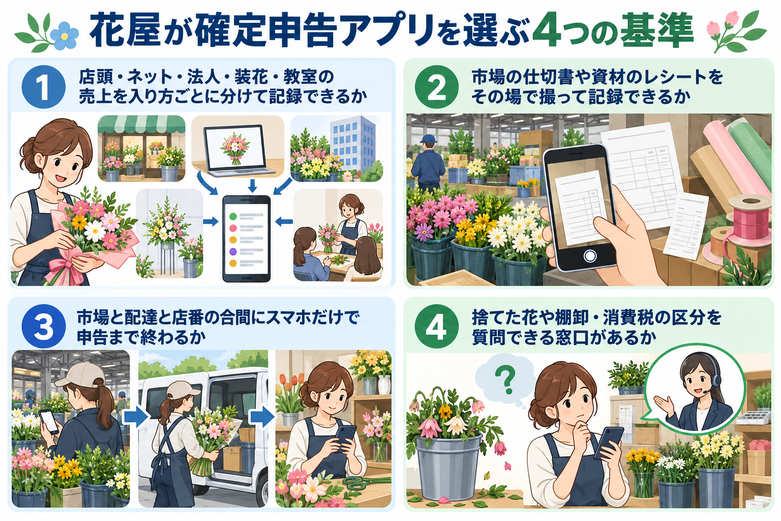 花屋が確定申告アプリを選ぶ4つの基準を示した図解