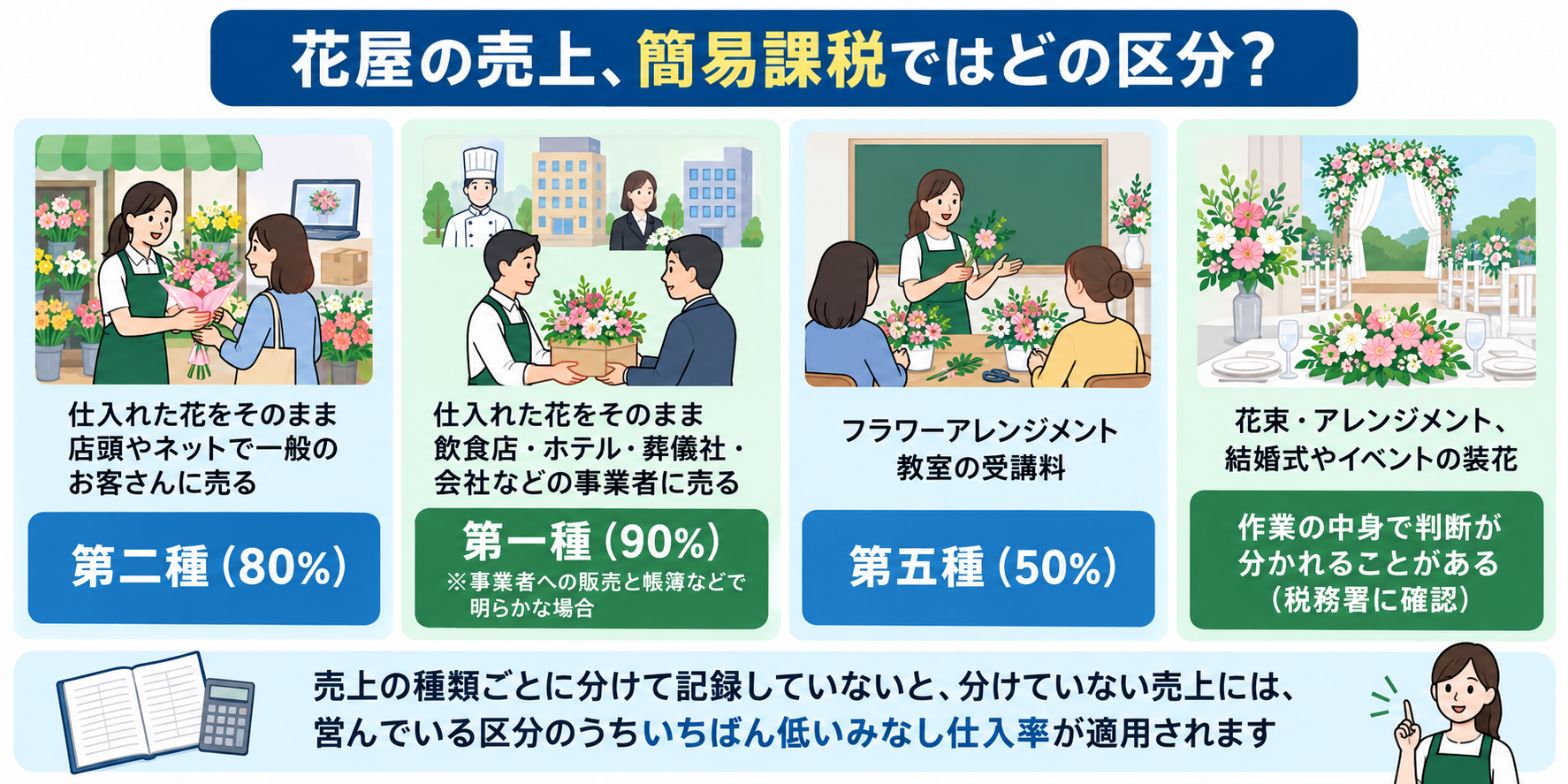 花屋の売上の種類ごとの簡易課税の事業区分を示した図解