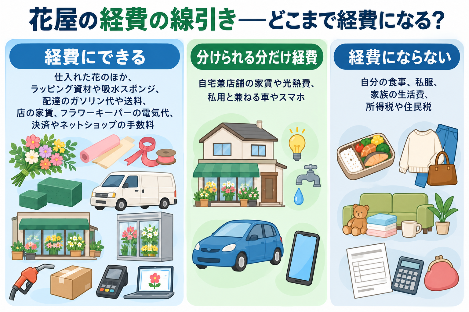 花屋の経費になるもの・按分するもの・ならないものの線引きを示した図解