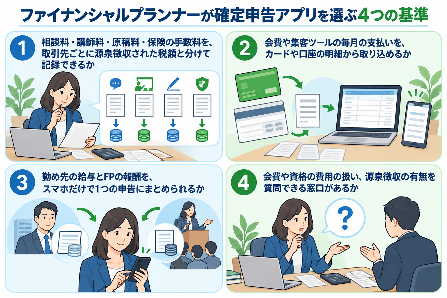 ファイナンシャルプランナーが確定申告アプリを選ぶ4つの基準を示した図解