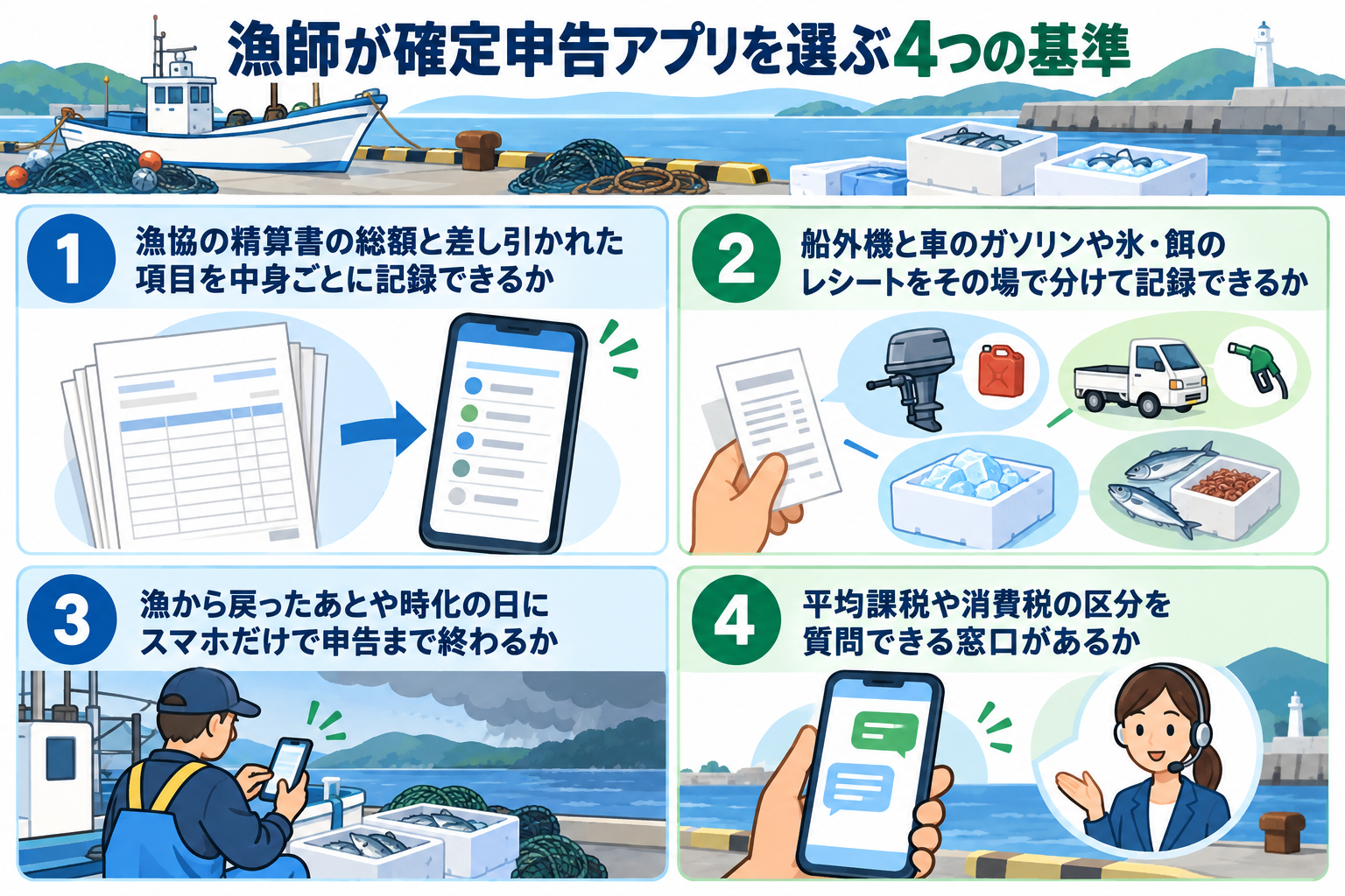 漁師が確定申告アプリを選ぶ4つの基準を示した図解