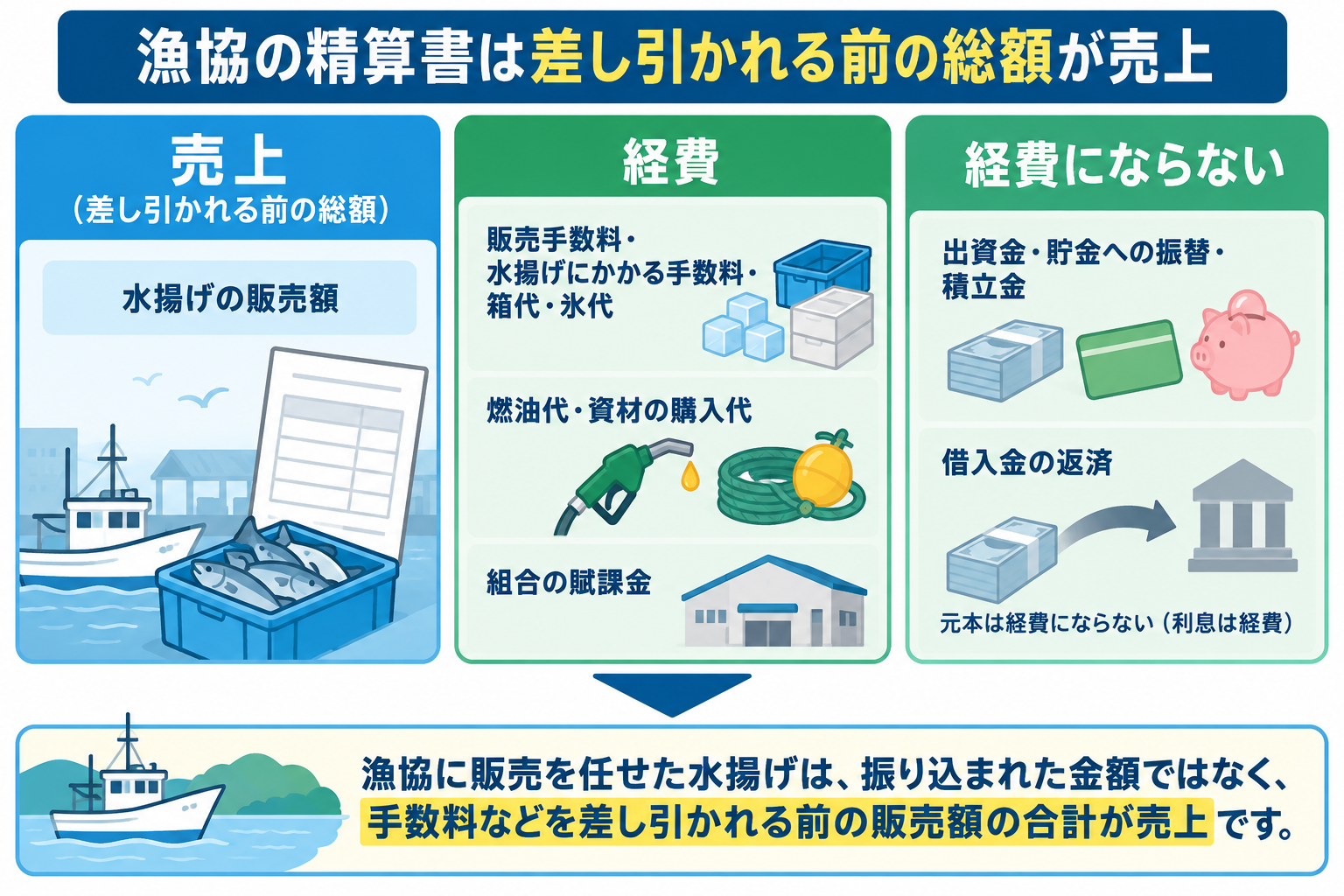 漁協の精算書の売上・経費・経費にならない項目を示した図解