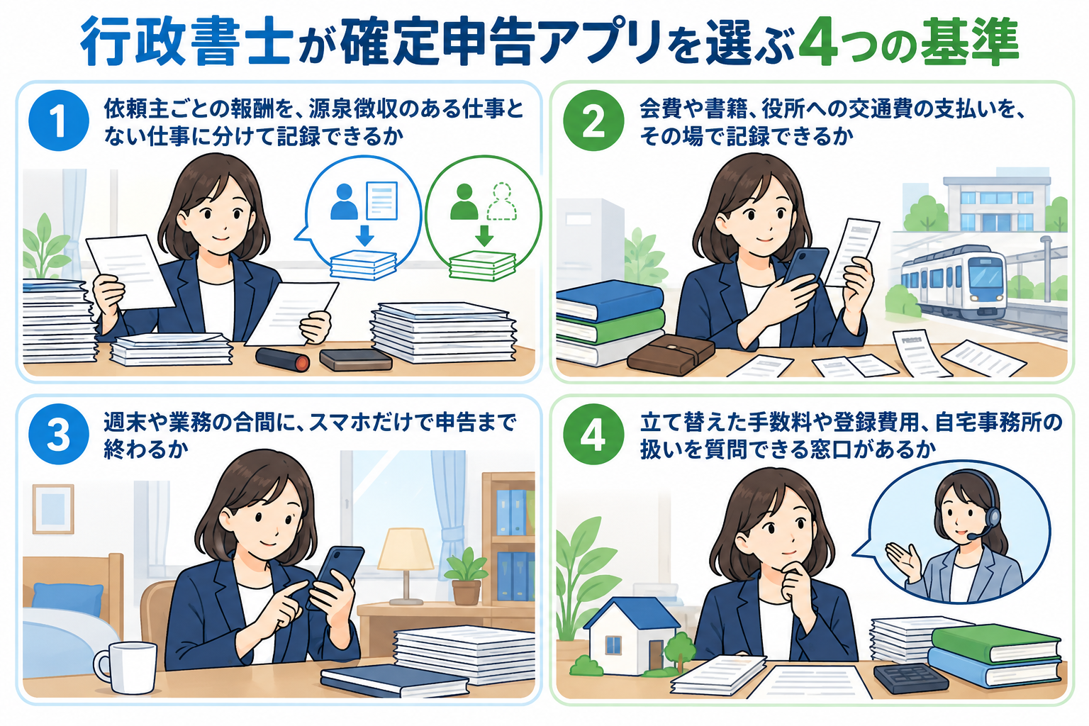 行政書士が確定申告アプリを選ぶ4つの基準を示した図解