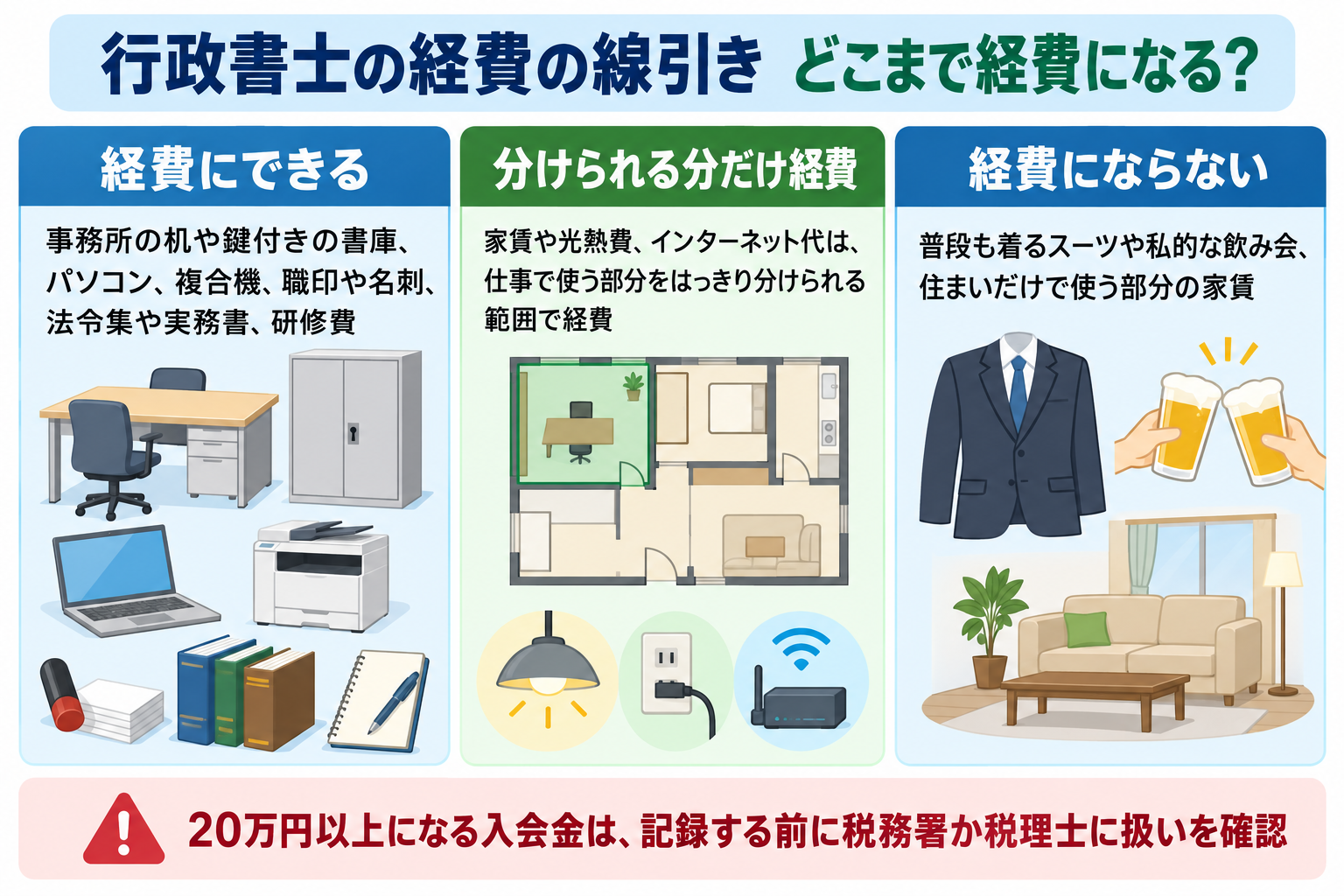 行政書士の経費になるもの・分けて経費にするもの・ならないものを示した図解