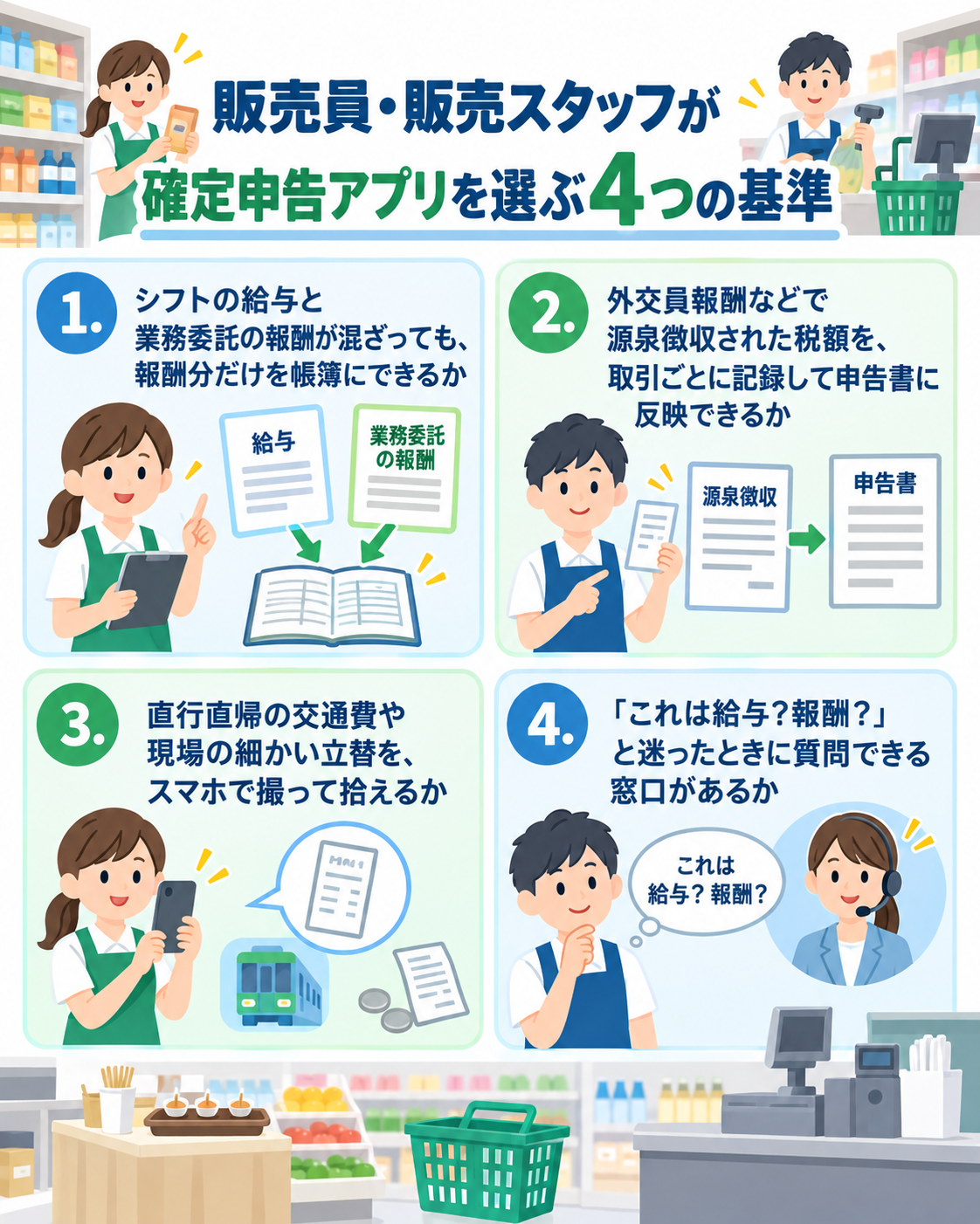 販売員・販売スタッフが確定申告アプリを選ぶ4つの基準を売場の構図で示した図解。①シフトの給与と業務委託の報酬が混ざっても、報酬分だけを帳簿にできるか、②外交員報酬などで源泉徴収された税額を、取引ごとに記録して申告書に反映できるか、③直行直帰の交通費や現場の細かい立替を、スマホで撮って拾えるか、④「これは給与?報酬?」と迷ったときに質問できる窓口があるか