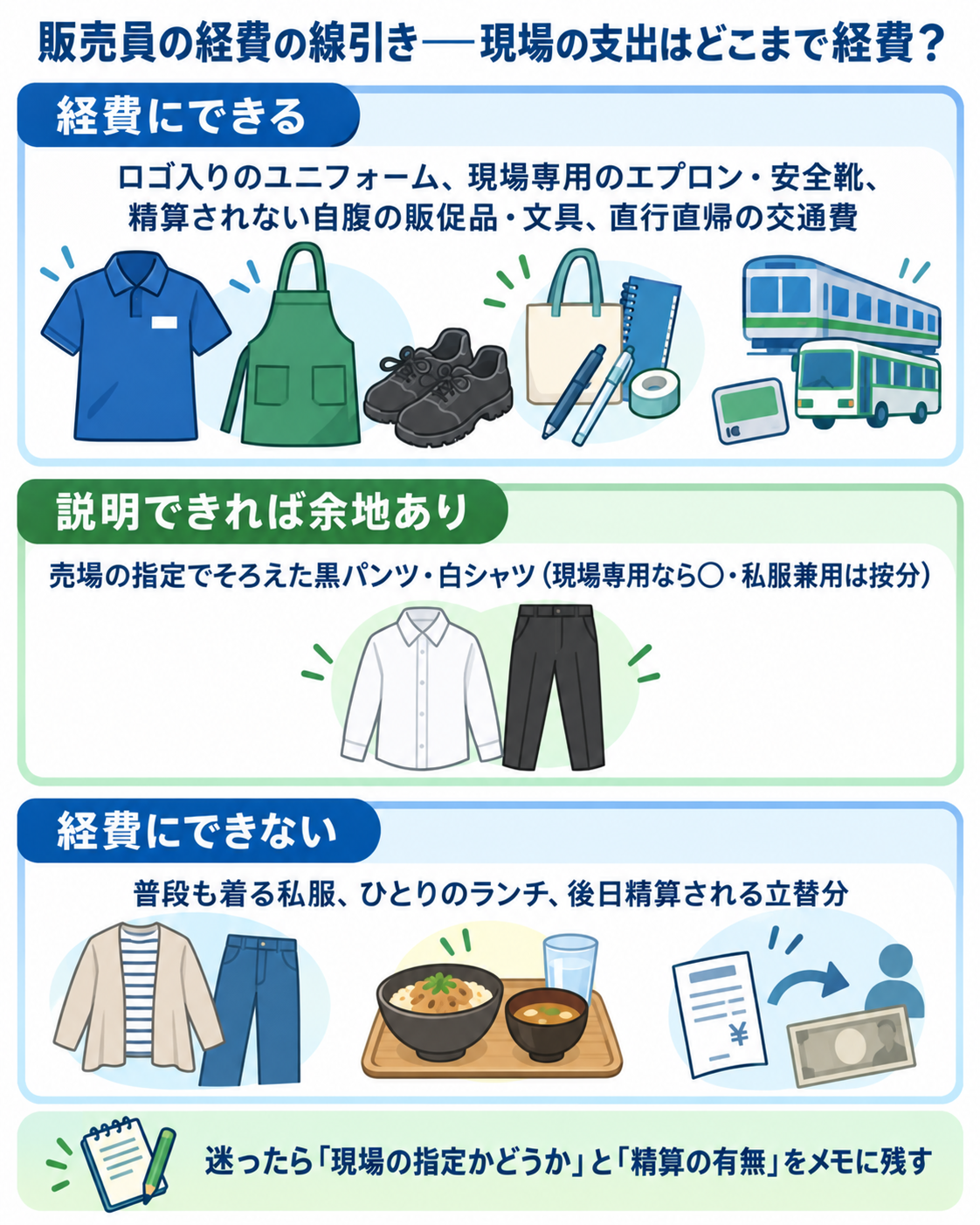 販売員の経費の線引きを3段で示した図解。経費にできる=ロゴ入りのユニフォーム、現場専用のエプロン・安全靴、精算されない自腹の販促品・文具、直行直帰の交通費。説明できれば余地あり=売場の指定でそろえた黒パンツ・白シャツ(現場専用なら○・私服兼用は按分)。経費にできない=普段も着る私服、ひとりのランチ、後日精算される立替分。迷ったら「現場の指定かどうか」と「精算の有無」をメモに残す