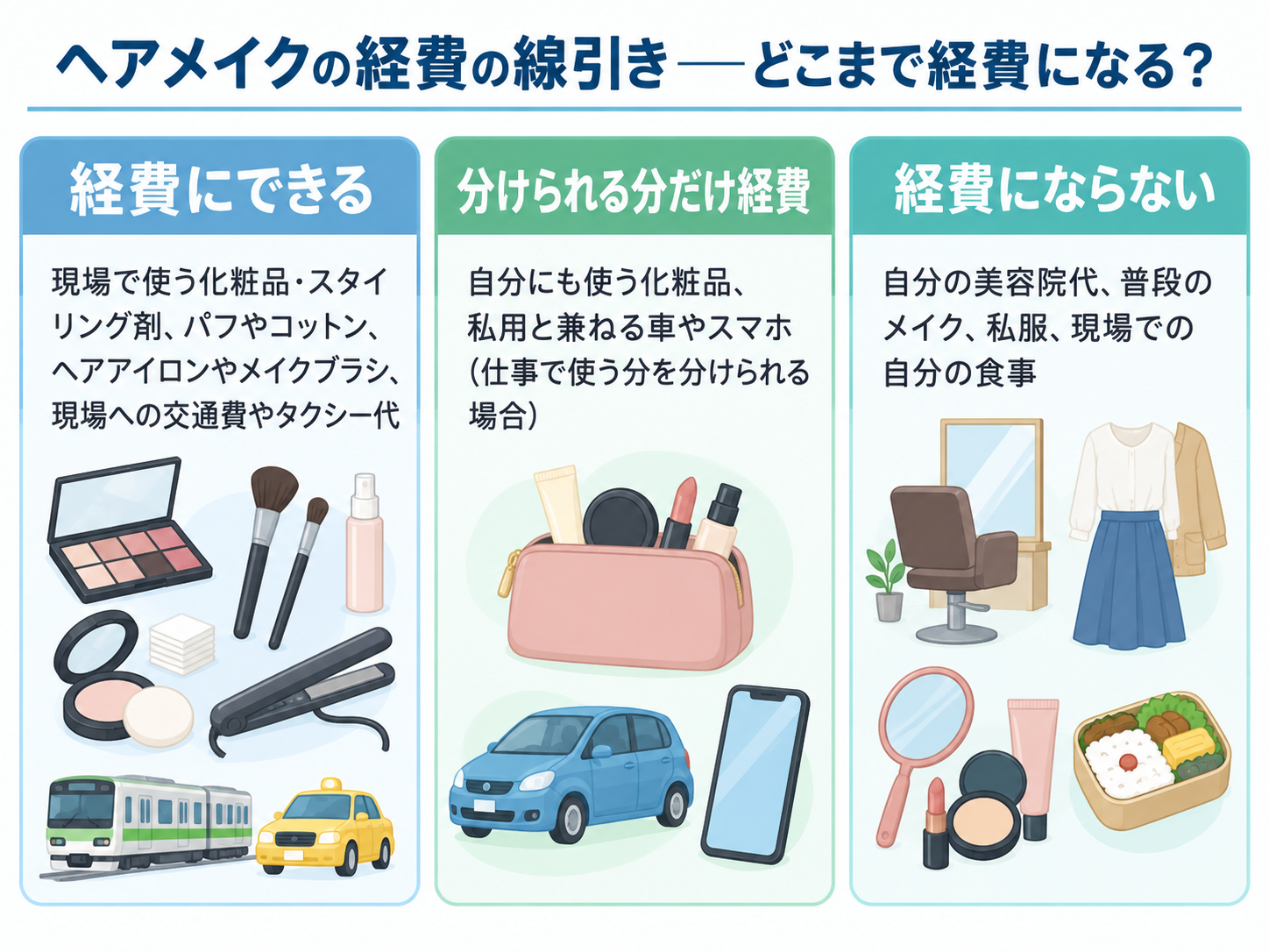 ヘアメイクの経費の線引きを示した図解。経費にできる=現場で使う化粧品・スタイリング剤、パフやコットン、ヘアアイロンやメイクブラシ、現場への交通費やタクシー代。分けられる分だけ経費=自分にも使う化粧品、私用と兼ねる車やスマホ(仕事で使う分を分けられる場合)。経費にならない=自分の美容院代、普段のメイク、私服、現場での自分の食事