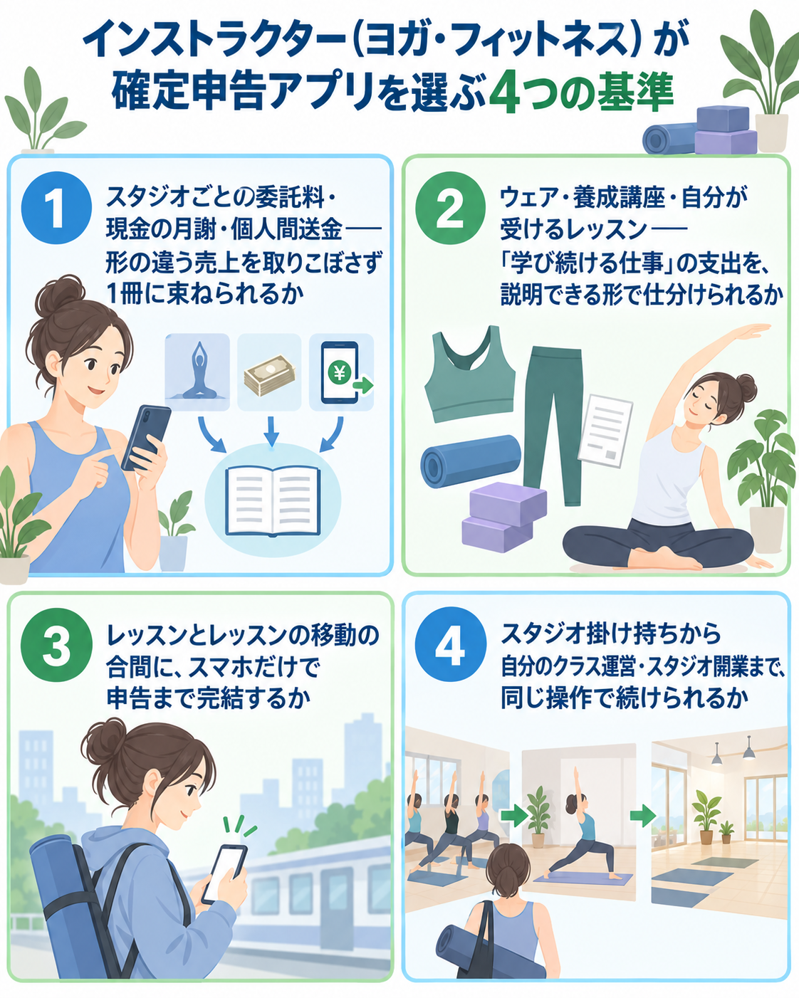 インストラクター（ヨガ・フィットネス）が確定申告アプリを選ぶ4つの基準をヨガスタジオの構図で示した図解。①スタジオごとの委託料・現金の月謝・個人間送金——形の違う売上を取りこぼさず1冊に束ねられるか、②ウェア・養成講座・自分が受けるレッスン——「学び続ける仕事」の支出を、説明できる形で仕分けられるか、③レッスンとレッスンの移動の合間に、スマホだけで申告まで完結するか、④スタジオ掛け持ちから自分のクラス運営・スタジオ開業まで、同じ操作で続けられるか