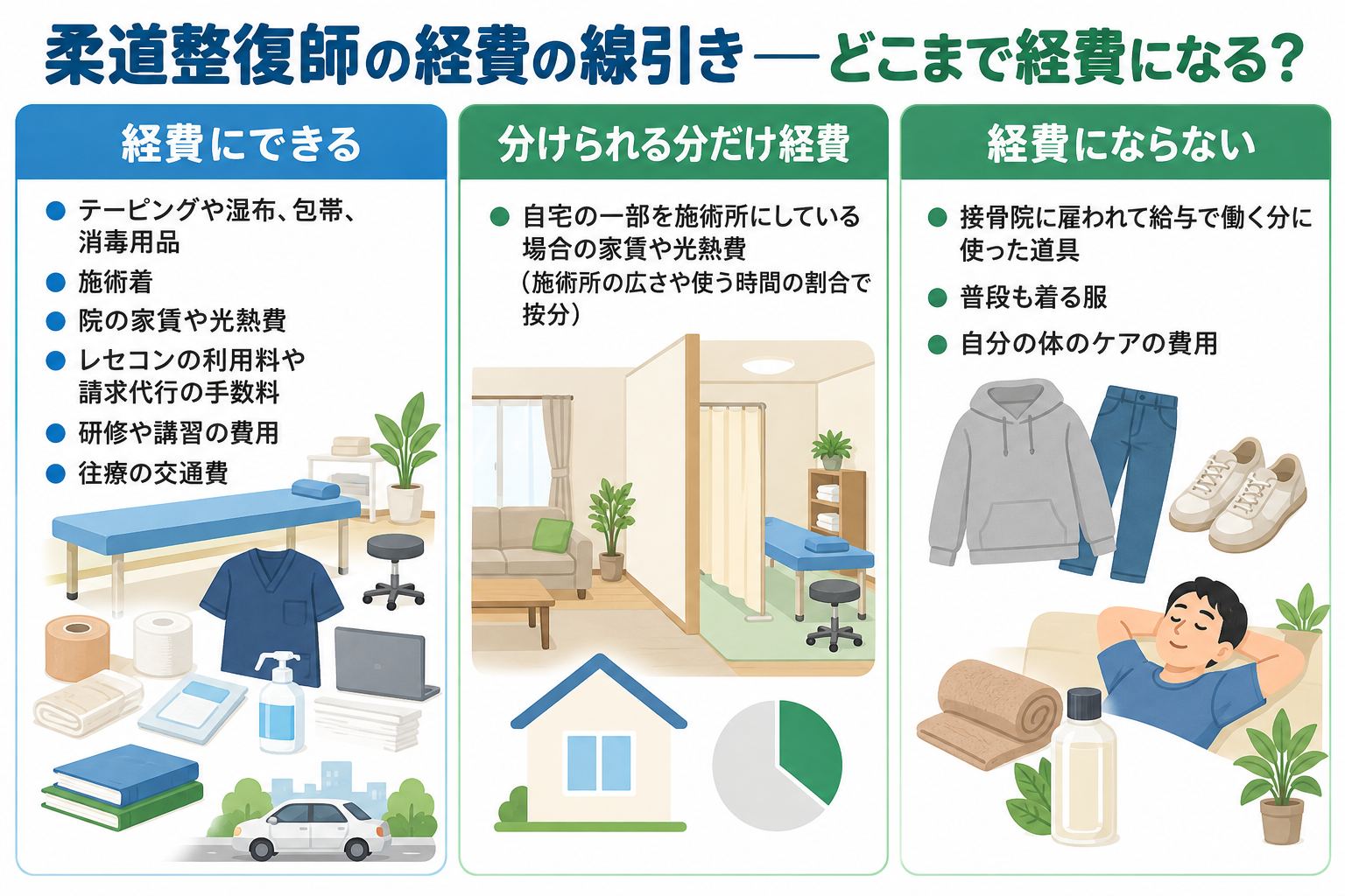 柔道整復師の経費の線引き：どこまで経費になる？を示した図解。経費にできる＝テーピングや湿布、包帯、消毒用品、施術着、院の家賃や光熱費、レセコンの利用料や請求代行の手数料、研修や講習の費用、往療の交通費、分けられる分だけ経費＝自宅の一部を施術所にしている場合の家賃や光熱費（施術所の広さや使う時間の割合で按分）、経費にならない＝接骨院に雇われて給与で働く分に使った道具、普段も着る服、自分の体のケアの費用