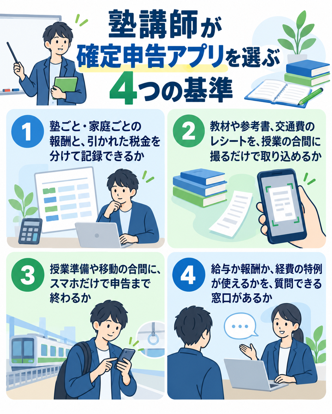 塾講師が確定申告アプリを選ぶ4つの基準を示した図解。①塾ごと・家庭ごとの報酬と、引かれた税金を分けて記録できるか、②教材や参考書、交通費のレシートを、授業の合間に撮るだけで取り込めるか、③授業準備や移動の合間に、スマホだけで申告まで終わるか、④給与か報酬か、経費の特例が使えるかを、質問できる窓口があるか