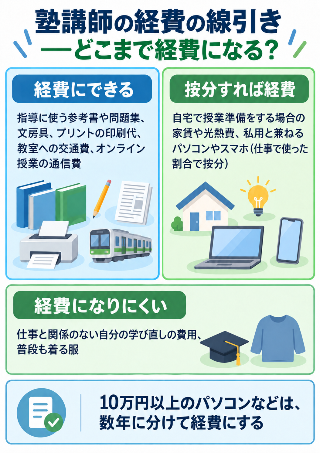 塾講師の経費の線引きを示した図解。経費にできる=指導に使う参考書や問題集、文房具、プリントの印刷代、教室への交通費、オンライン授業の通信費。按分すれば経費=自宅で授業準備をする場合の家賃や光熱費、私用と兼ねるパソコンやスマホ(仕事で使った割合で按分)。経費になりにくい=仕事と関係のない自分の学び直しの費用、普段も着る服。10万円以上のパソコンなどは、数年に分けて経費にする