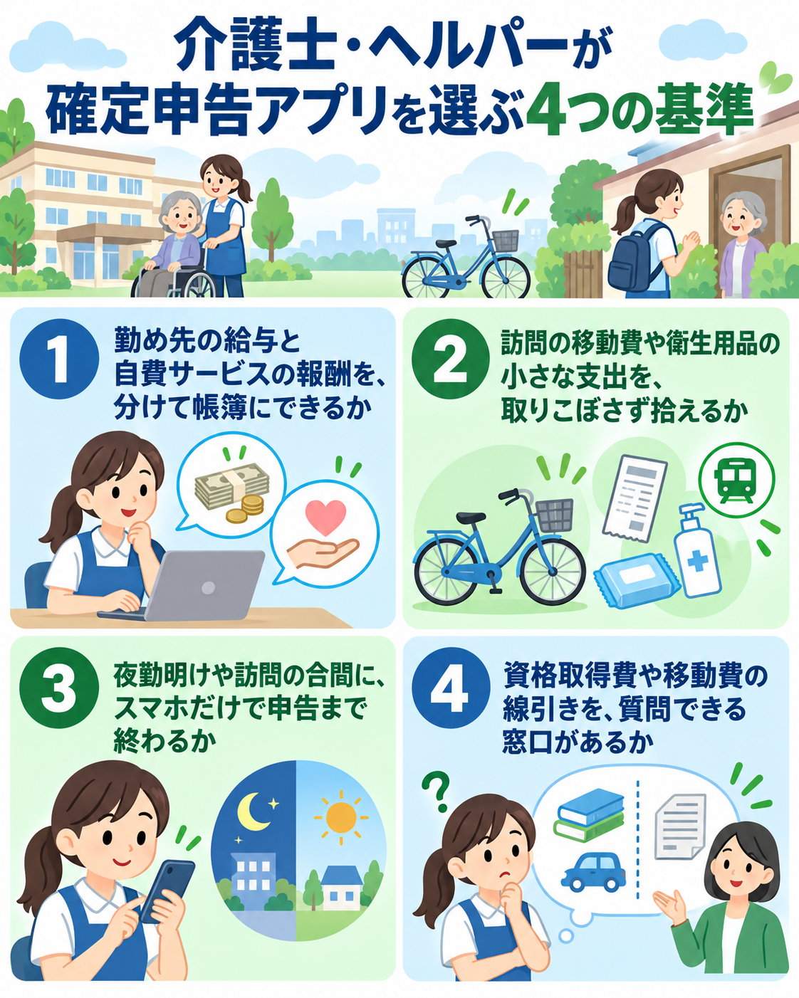 介護士・ヘルパーが確定申告アプリを選ぶ4つの基準を示した図解。①勤め先の給与と自費サービスの報酬を、分けて帳簿にできるか、②訪問の移動費や衛生用品の小さな支出を、取りこぼさず拾えるか、③夜勤明けや訪問の合間に、スマホだけで申告まで終わるか、④資格取得費や移動費の線引きを、質問できる窓口があるか