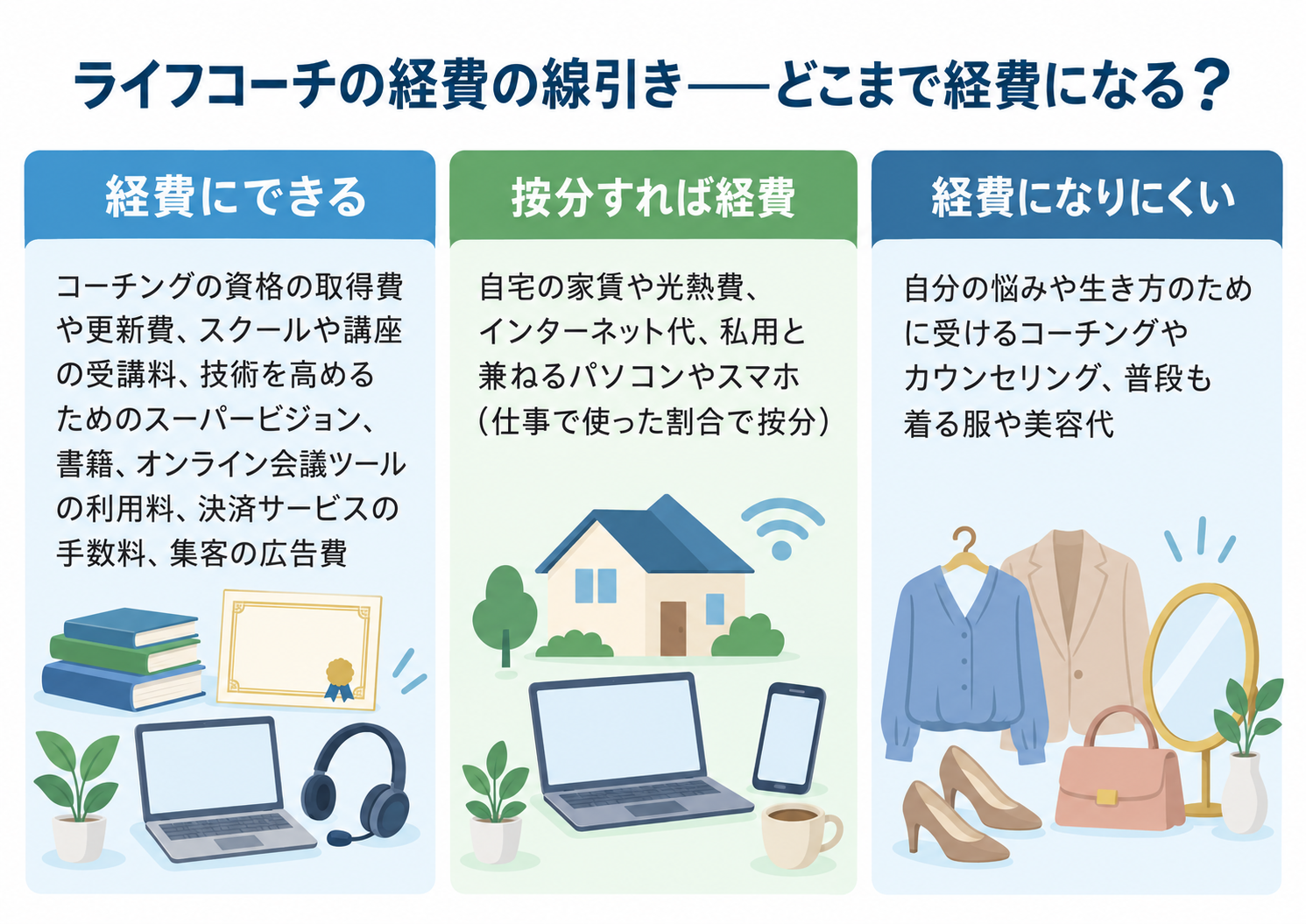 ライフコーチの経費の線引きを示した図解。経費にできる＝コーチングの資格の取得費や更新費、スクールや講座の受講料、技術を高めるためのスーパービジョン、書籍、オンライン会議ツールの利用料、決済サービスの手数料、集客の広告費。按分すれば経費＝自宅の家賃や光熱費、インターネット代、私用と兼ねるパソコンやスマホ。経費になりにくい＝自分の悩みや生き方のために受けるコーチングやカウンセリング、普段も着る服や美容代