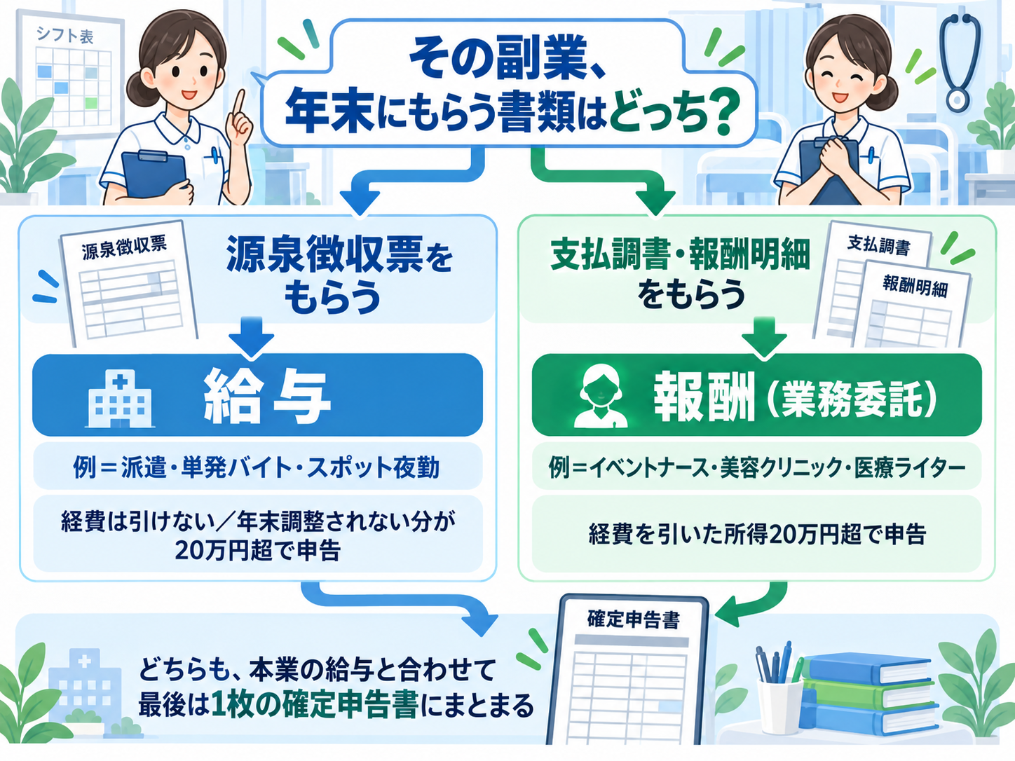 その副業は「給与」か「報酬」かを、年末にもらう書類で見分ける2分岐フローチャートの図解。源泉徴収票をもらうなら給与(例=派遣・単発バイト・スポット夜勤。経費は引けない/年末調整されない分が20万円超で申告)、支払調書・報酬明細をもらうなら報酬・業務委託(例=イベントナース・美容クリニック・医療ライター。経費を引いた所得20万円超で申告)。どちらも本業の給与と合わせて最後は1枚の確定申告書にまとまる