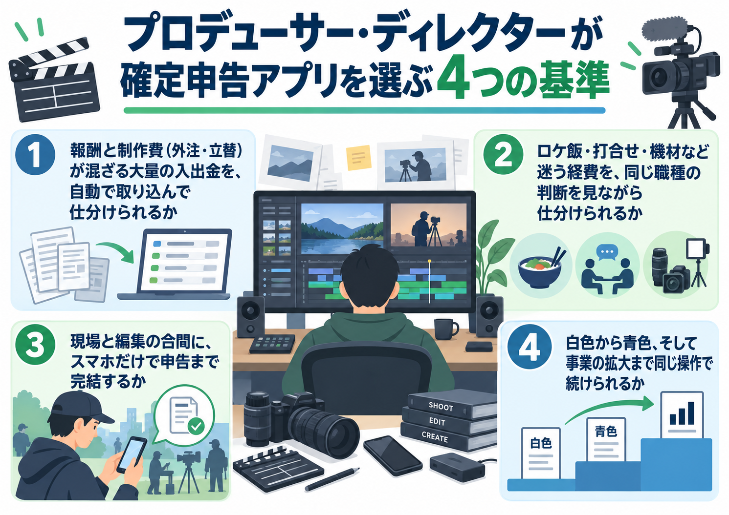 プロデューサー・ディレクターが確定申告アプリを選ぶ4つの基準を編集デスクの構図で示した図解。①報酬と制作費（外注・立替）が混ざる大量の入出金を、自動で取り込んで仕分けられるか、②ロケ飯・打合せ・機材など迷う経費を、ひとりで抱え込まずに仕分けられるか、③現場と編集の合間に、スマホだけで申告まで完結するか、④白色から青色、そして事業の拡大まで同じ操作で続けられるか