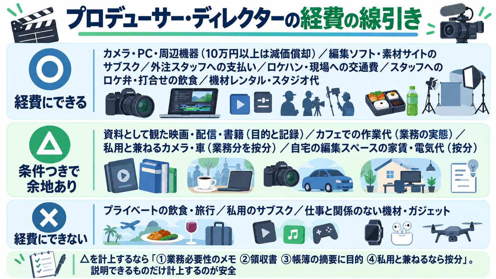 プロデューサー・ディレクターの経費の線引きを○・△・×の3段で示した図解。○経費にできる＝カメラ・PC・周辺機器（10万円以上は減価償却）、編集ソフト・素材サイトのサブスク、外注スタッフへの支払い、ロケハン・現場への交通費、スタッフへのロケ弁・打合せの飲食、機材レンタル・スタジオ代。△条件つきで余地あり＝資料として観た映画・配信・書籍（目的と記録）、カフェでの作業代、私用と兼ねるカメラ・車（按分）、自宅の編集スペースの家賃・電気代（按分）。×経費にできない＝プライベートの飲食・旅行、私用のサブスク、仕事と関係のない機材・ガジェット。下部に△を計上する場合の作法4点