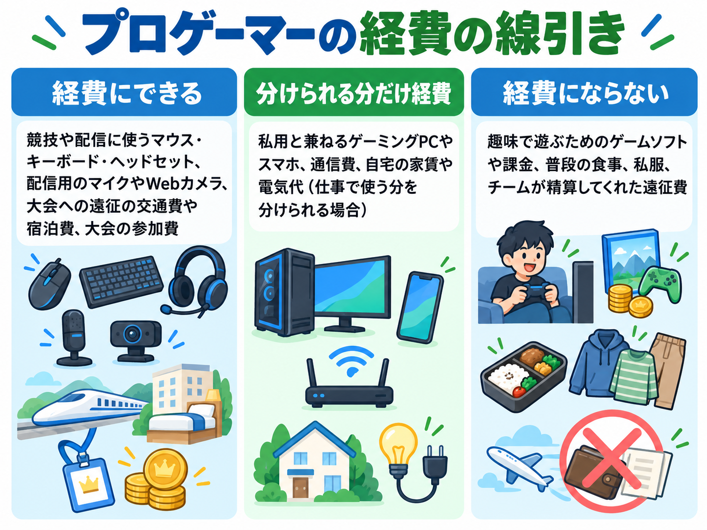 プロゲーマーの経費にできるもの・分けられる分だけ経費・経費にならないものを示した図解