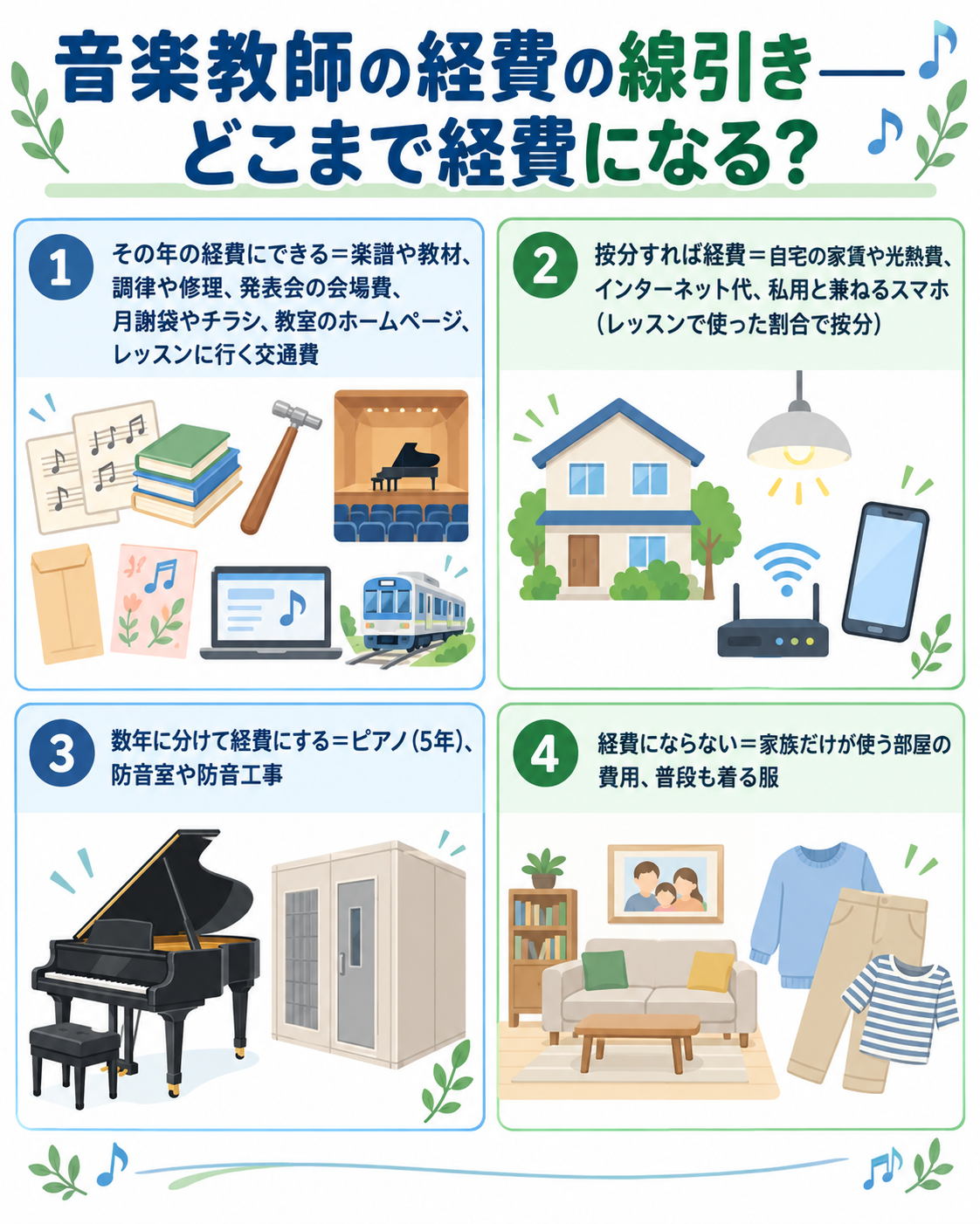 音楽教師の経費の線引きを示した図解。その年の経費にできる=楽譜や教材、調律や修理、発表会の会場費、月謝袋やチラシ、教室のホームページ、レッスンに行く交通費。按分すれば経費=自宅の家賃や光熱費、インターネット代、私用と兼ねるスマホ(レッスンで使った割合で按分)。数年に分けて経費にする=ピアノ(5年)、防音室や防音工事。経費にならない=家族だけが使う部屋の費用、普段も着る服